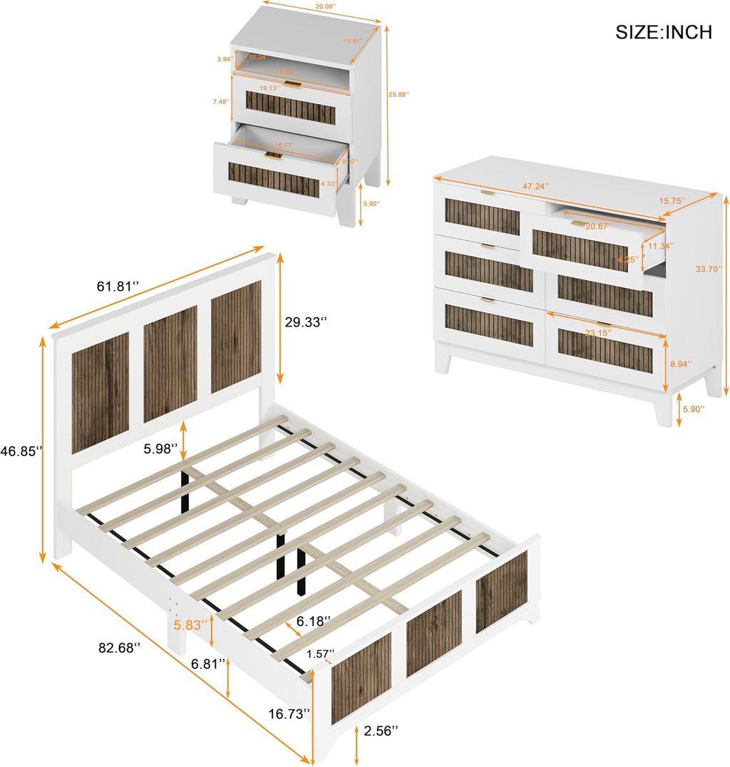 Harper & Bright Designs 4-Pieces Bedroom Sets, Queen Size Platform Bed with 2 Nightstands and A 6-Drawer Dresser, Queen Size Bedroom Set with Wooden Strip Decoration, White