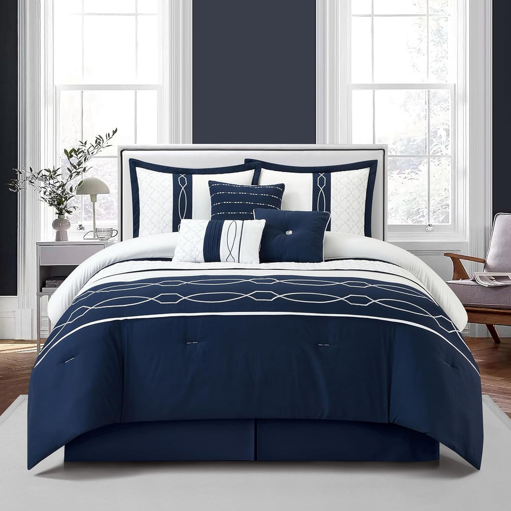Grand Avenue Navy Geometric Comforter Set, Queen Size, 7 Piece All Season Bedding Set, Bedskirt, Pillows & Shams, Ultro-Soft Comforter, Home Decor