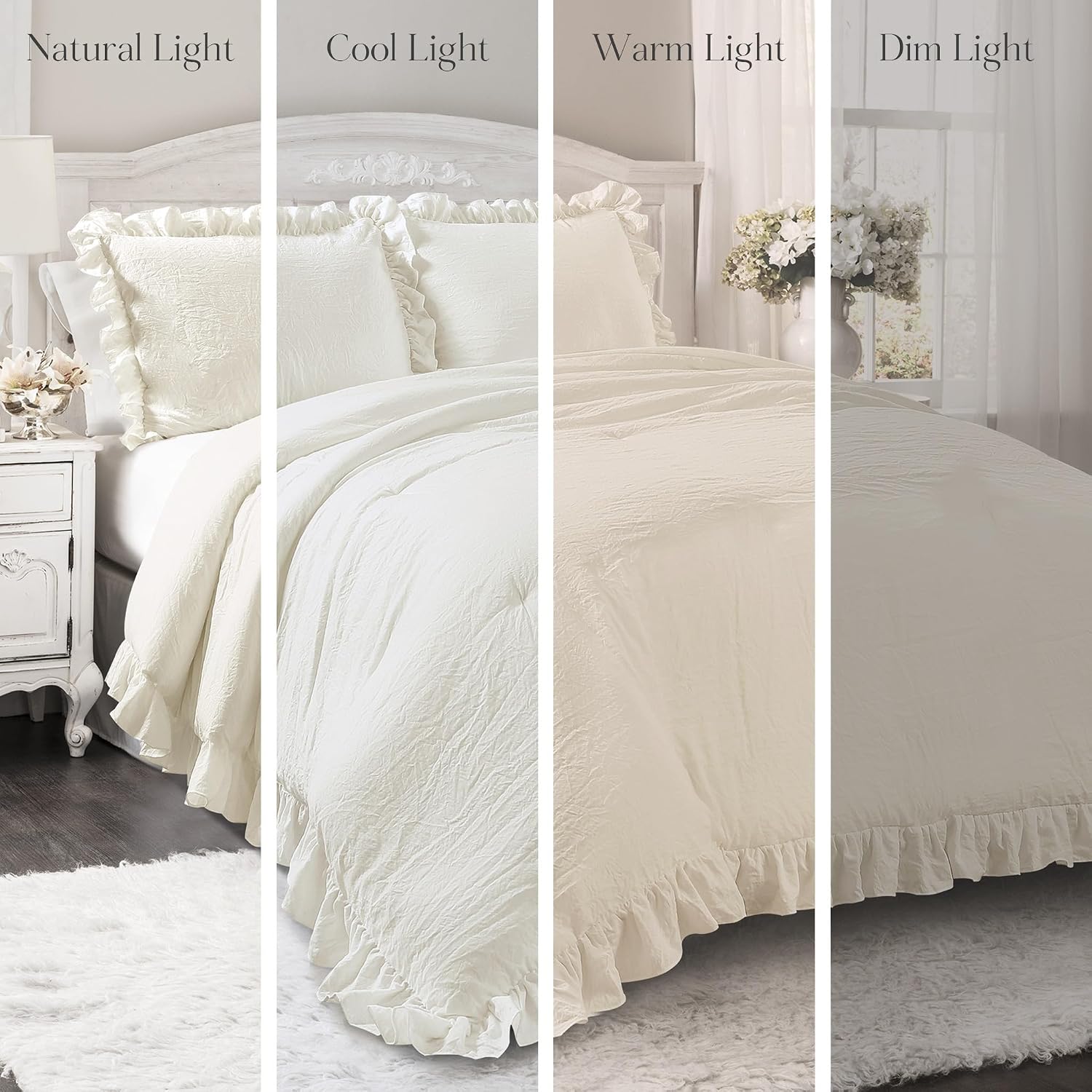 Lush Decor Reyna Ruffle Comforter Set - 3 Piece Cozy Ruffled Bedding Set - Timeless Elegance and Comfort for Dorm Room - Full/ Queen, Ivory