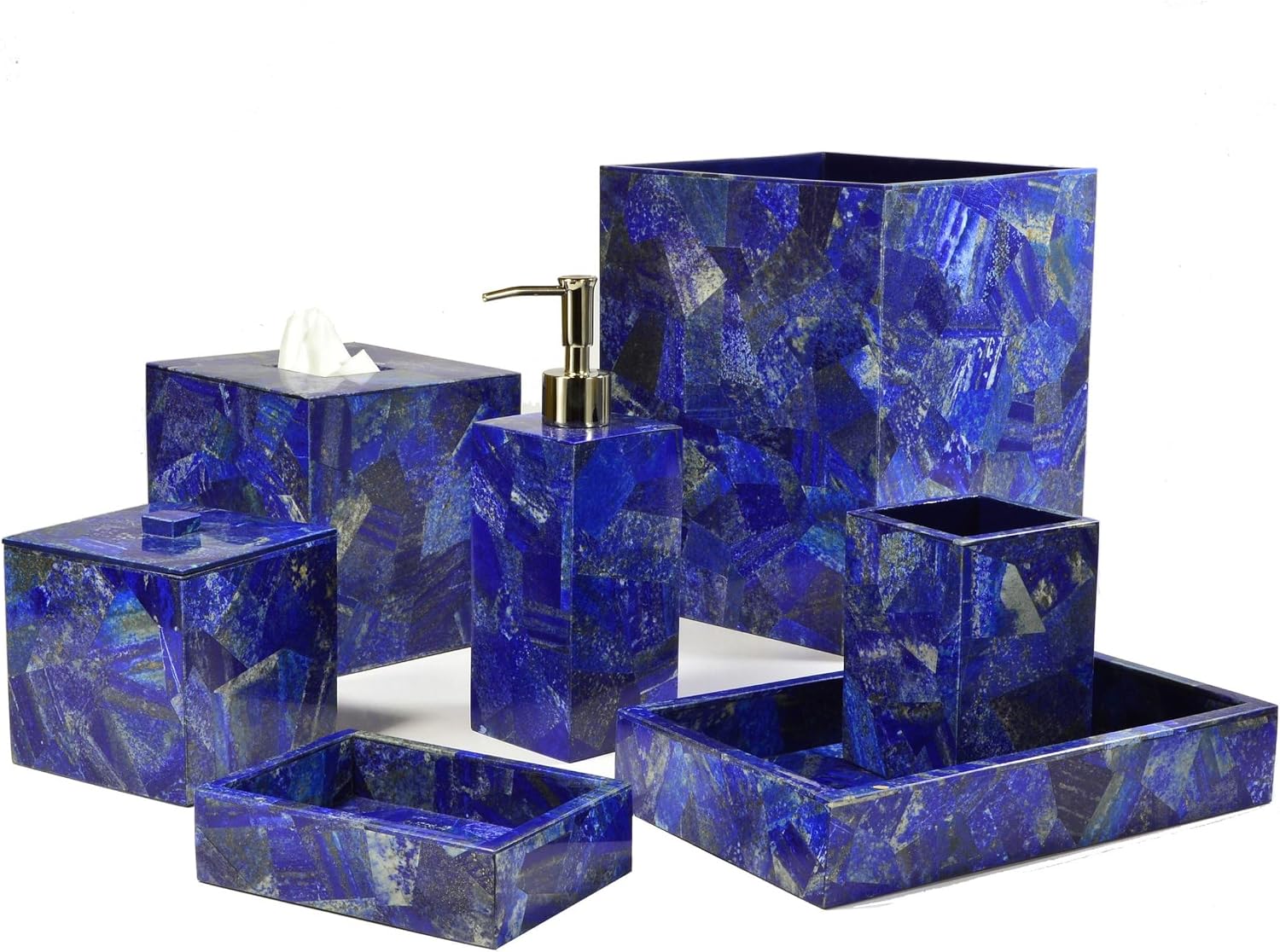 Set of 7 Piece Bathroom Set I Lapis Lazuli Stone Bathroom Kit I Lapis Lazuli Stone Towel Tray I Luxurious Look Bath Set I Random Work Toothbrush Holder