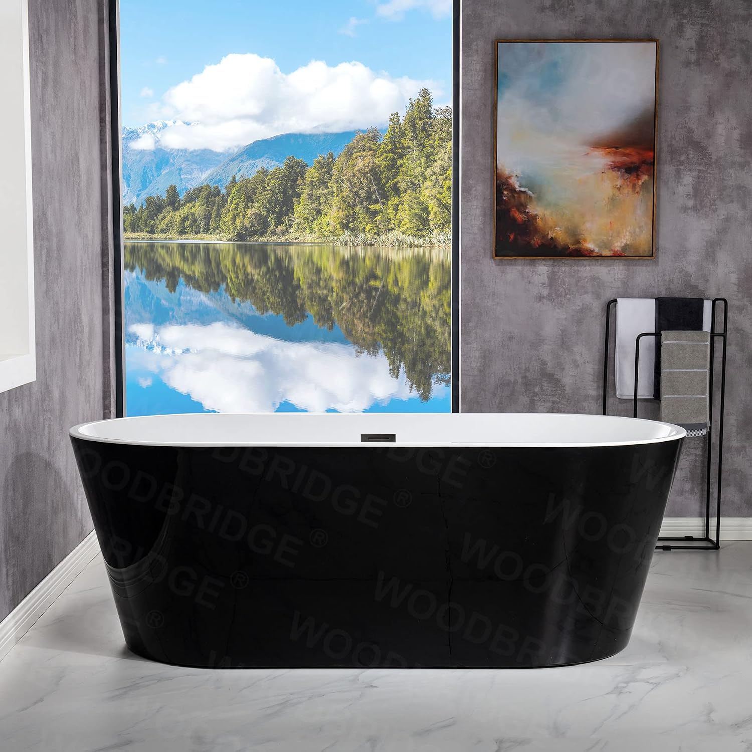 WOODBRIDGE 67' Acrylic Freestanding Bathtub Contemporary Soaking Black Tub with Matte Black Overflow and Drain,Black,B1813MB