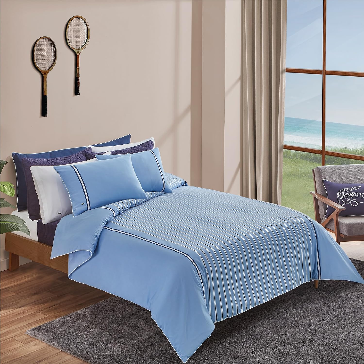 Lacoste Hollis Stripe Comforter Set, 100% Cotton Brushed Twill, Reversible Duvet with Pillow Shams, Soft & Fluffy Hotel-Style Bedding, Blue, Full/Queen