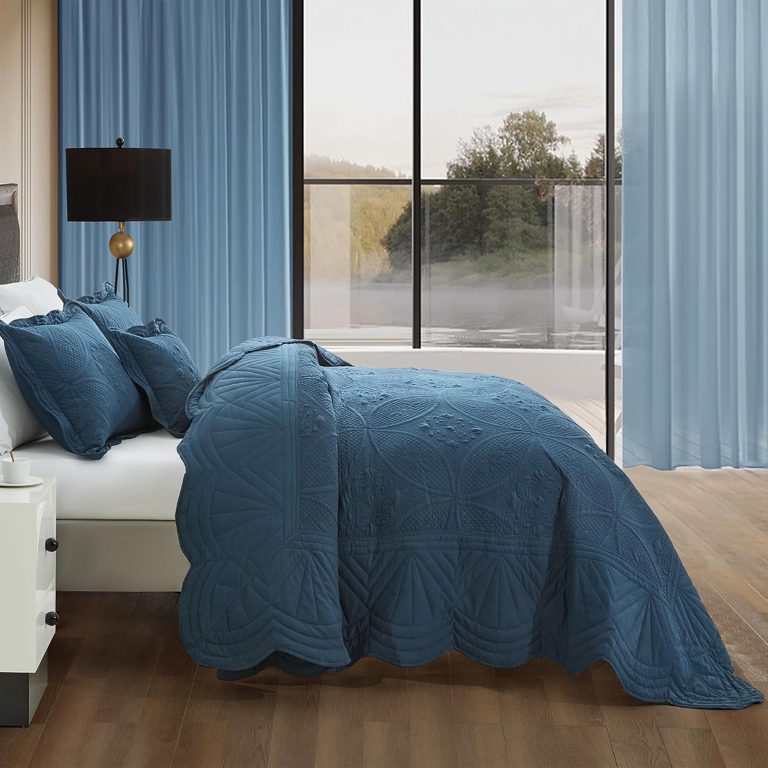 DaisyHuang Oversized Bedspread - King Size Bedding Cover - Modern & Contemporary Coverlet Set, Real Stitching, Reversible, Lightweight, 5 Piece, Navy