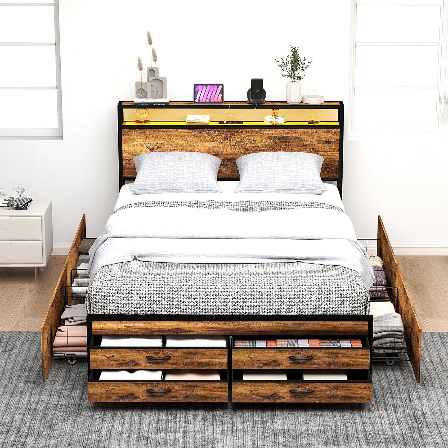 Zevemomo Queen Size Bed Frame with 8 Storage Drawers, Sturdy Queen Platform Bed with Wooden Headboard & Footboard, Noise-Free Design, No Box Spring Required, Brown
