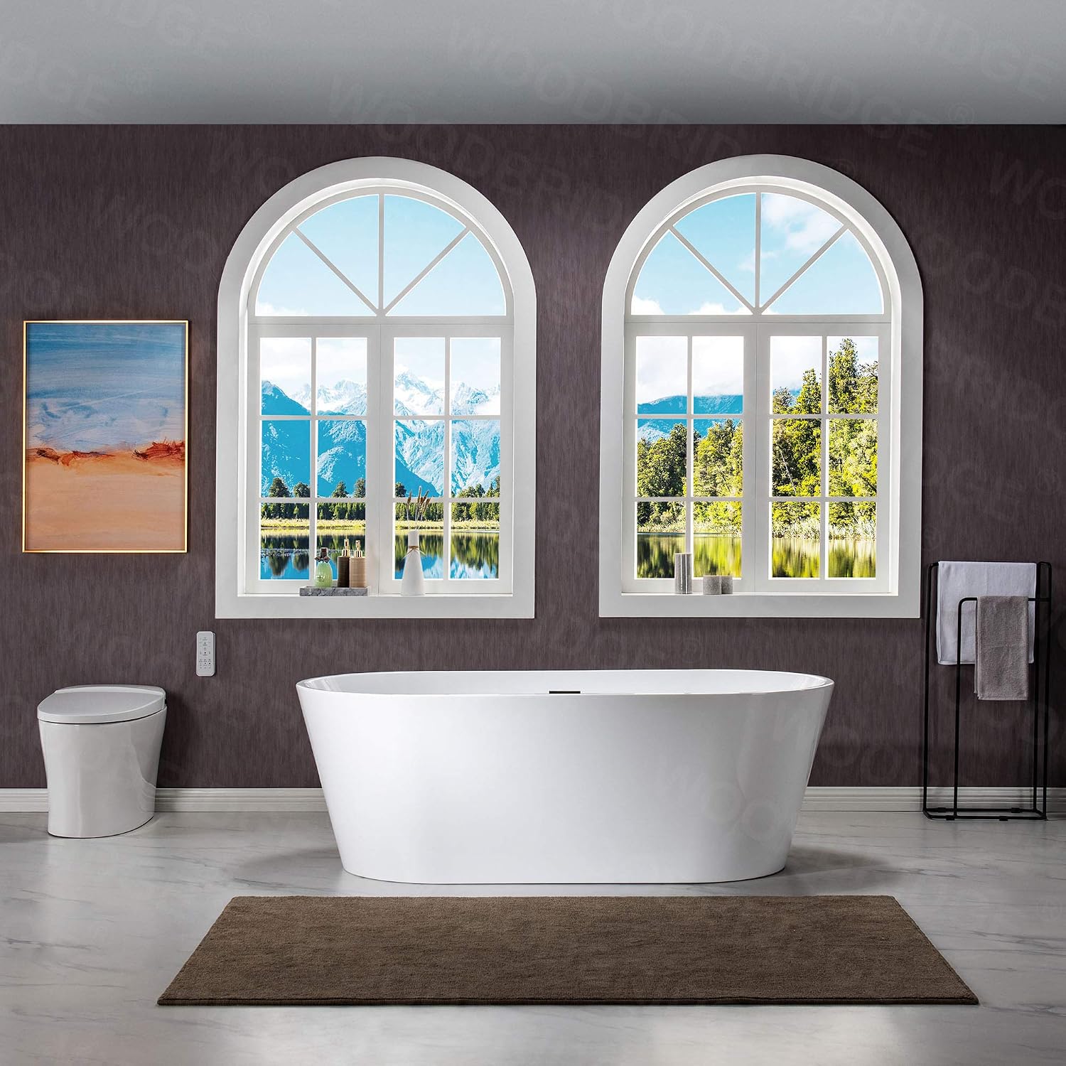 WOODBRIDGE 67' Freestanding Acylic Soaking Bathtub with White, Drain and Overflow inMatte, BTA1513-MB-Drain &O+ Pillow, Matte Black