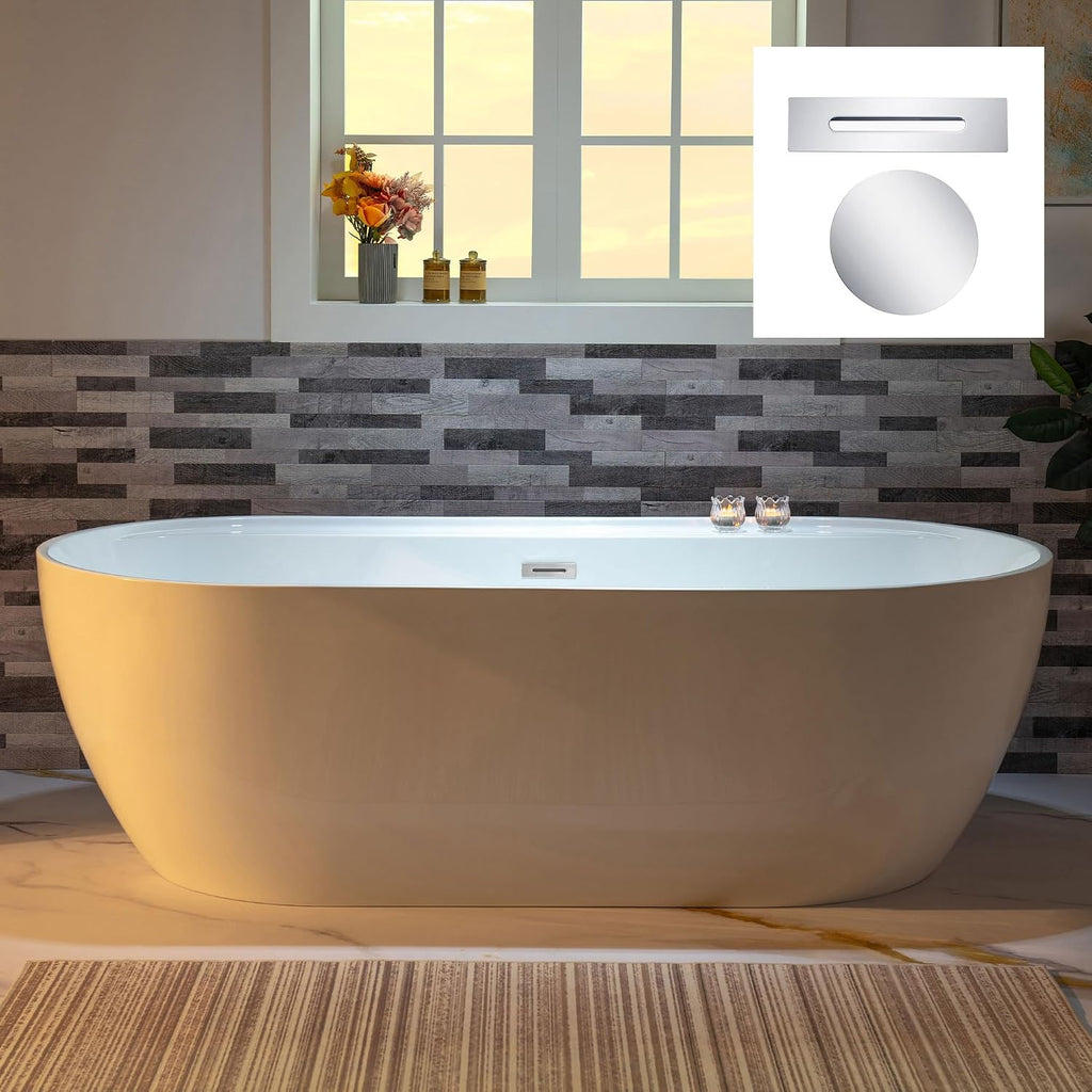 WOODBRIDGE 72' Acrylic Freestanding Bathtub Contemporary Soaking White Tub with Chrome Overflow and Drain,B0059-CH