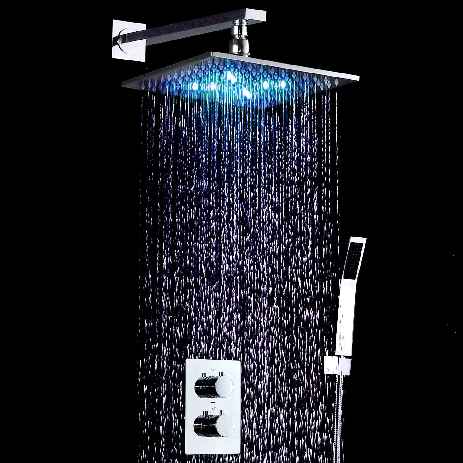Shower Head Overhead Shower Thermostat Rotate 360 Degrees Led Smart Light Rainfall Shower Set Floor drain (Color : Silver)