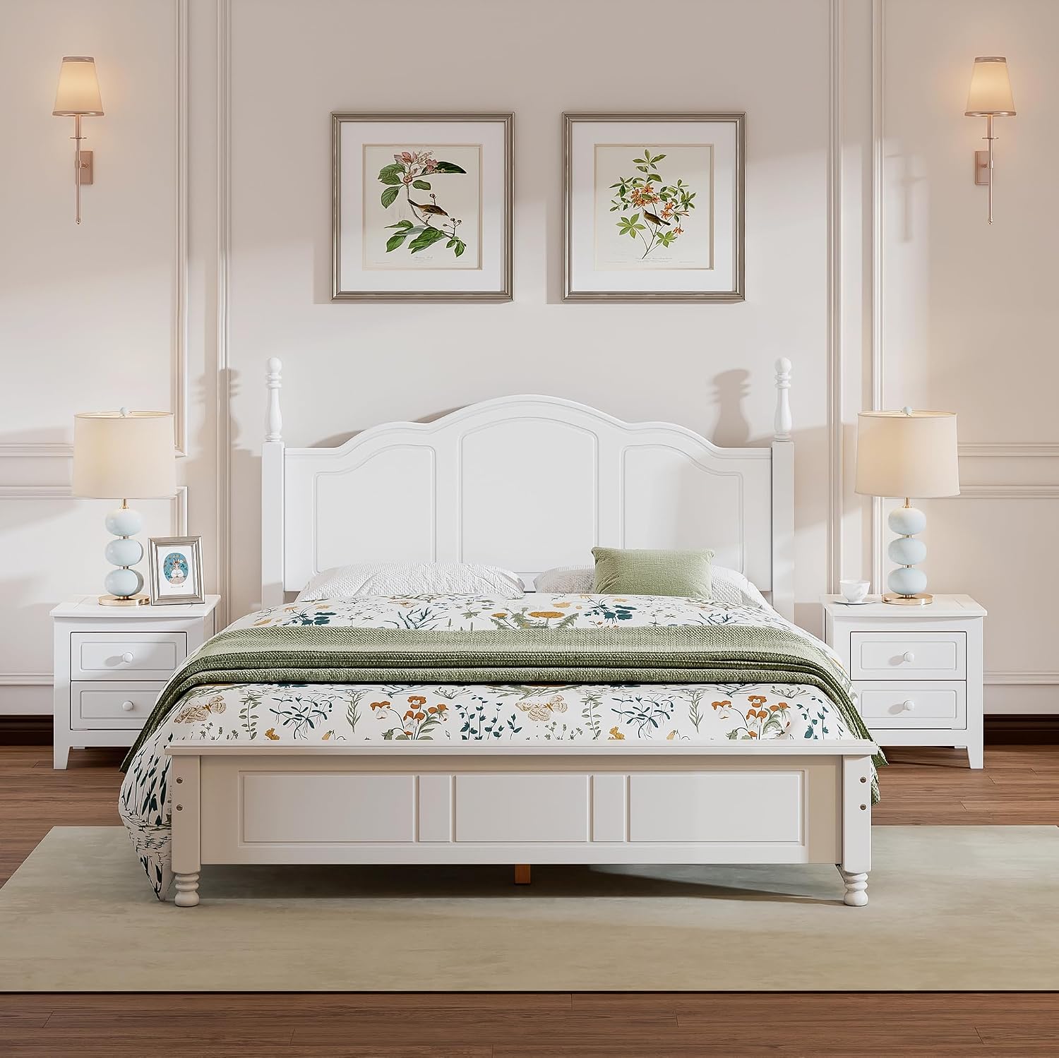 3-Pieces Bedroom Sets, Retro Style Queen Size Platform Bed with Wooden Slat Support and Headboard, Wooden Bedroom Furniture Set with 2 Nightstands for Kids Teens Adults Bedroom (White + Wood 063)