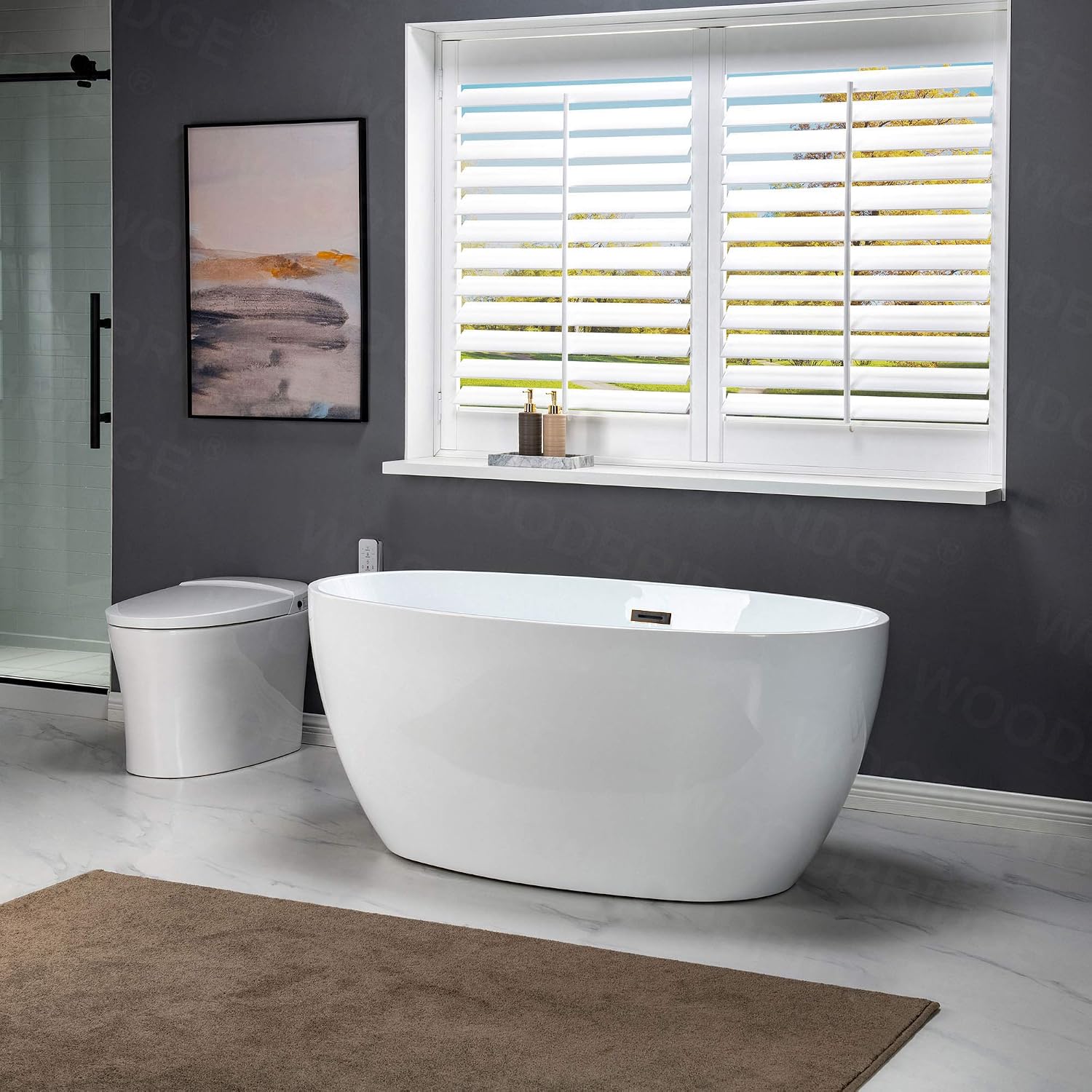 WOODBRIDGE 55' Acrylic Freestanding Bathtub Contemporary Soaking White Tub with Oil Rubbed Bronze Overflow and Drain,BTA1418 -ORB