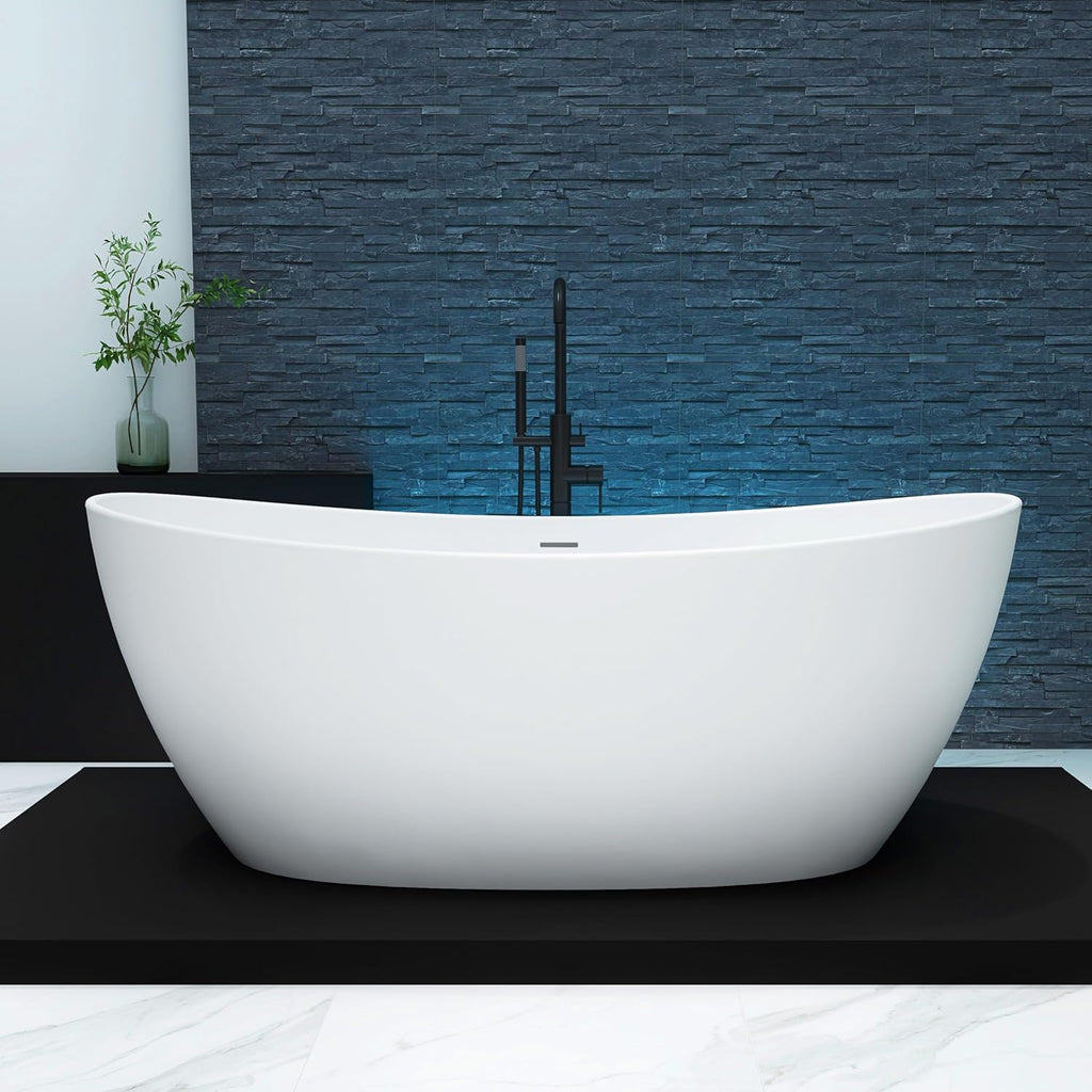 65'' Freestanding Stone Resin Bathtub, Solid Surface Free Standing Tub, Contemporary Design Soaking Tub, Stand Alone Tubs with Pop-up Drain and Overflow, Matte White