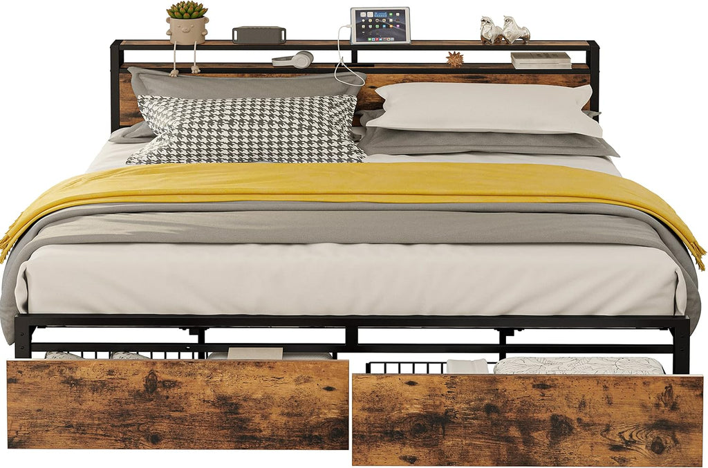 LIKIMIO King Bed Frame with Storage Headboard, Platform Bed with Drawers and Charging Station, No Box Spring Needed, Easy Assembly, Vintage Brown