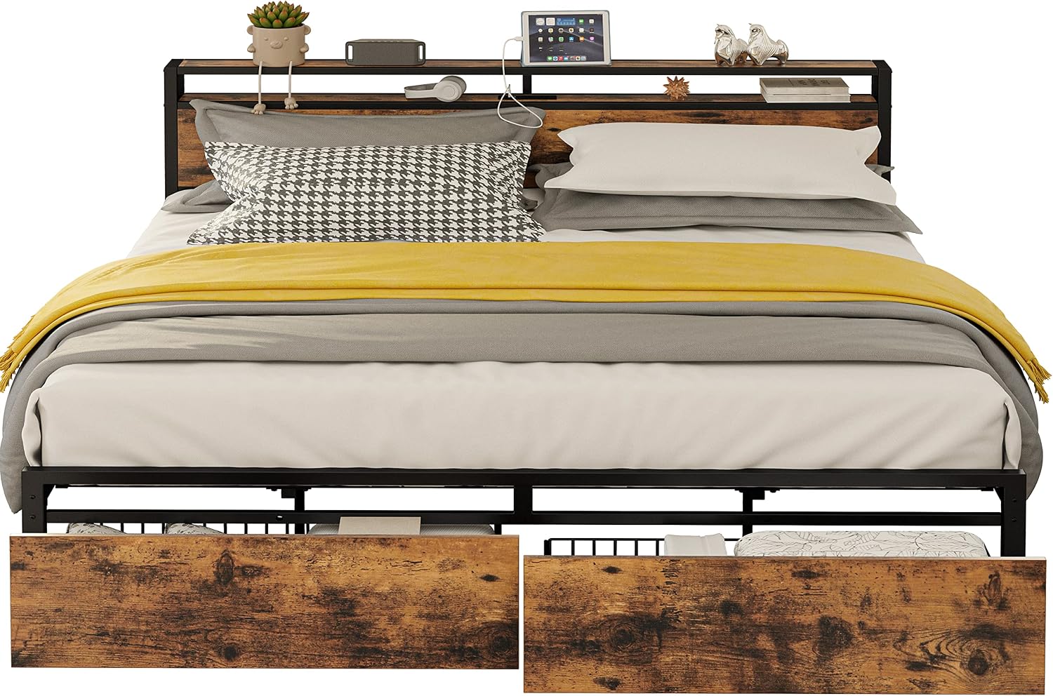 LIKIMIO King Bed Frame with Storage Headboard, Platform Bed with Drawers and Charging Station, No Box Spring Needed, Easy Assembly, Vintage Brown