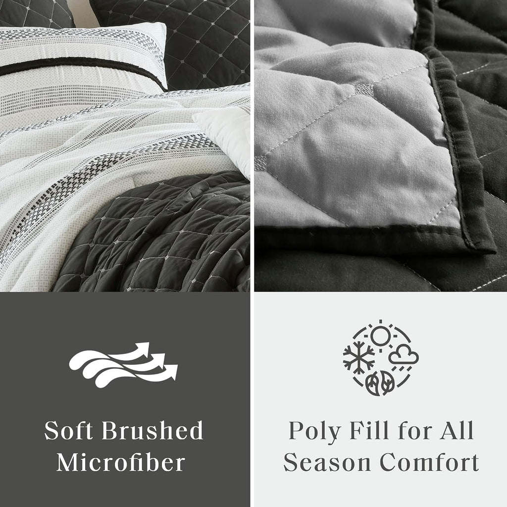 Madison Park King Comforter Set and Quilt Set, Boho Comforter for King Size Bed with Diamond Quilted Coverlet Set, All Season King Size Bedding, Matching Shams, Carolina, King/Cal King Black 7 Piece