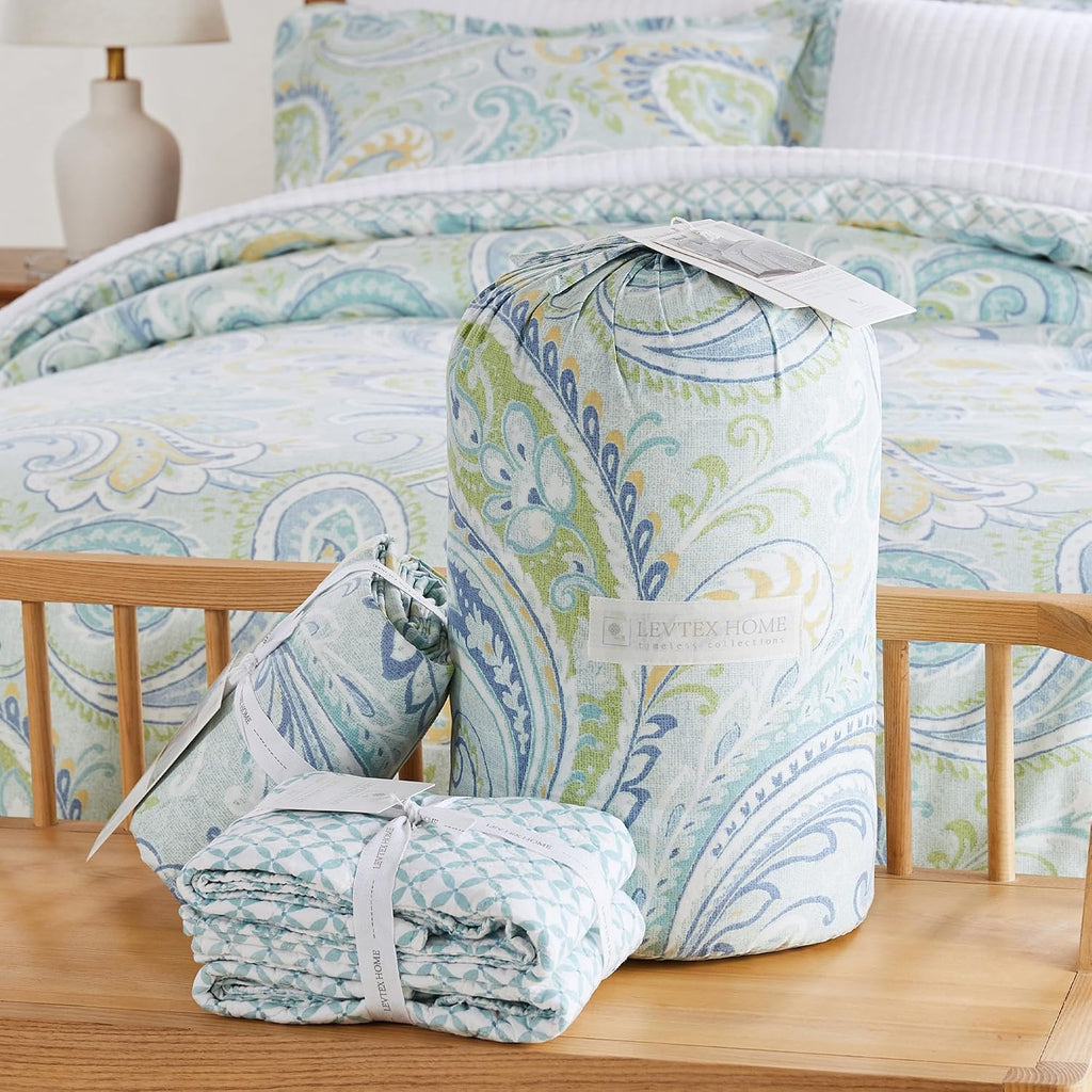 Levtex Home - Cortona Paisley Duvet Cover Set - King Duvet Cover (106 x 94in.) + Two King Pillow Cases (36 x 20in.) - Paisley - Green, Yellow, Blue, and White - Cotton