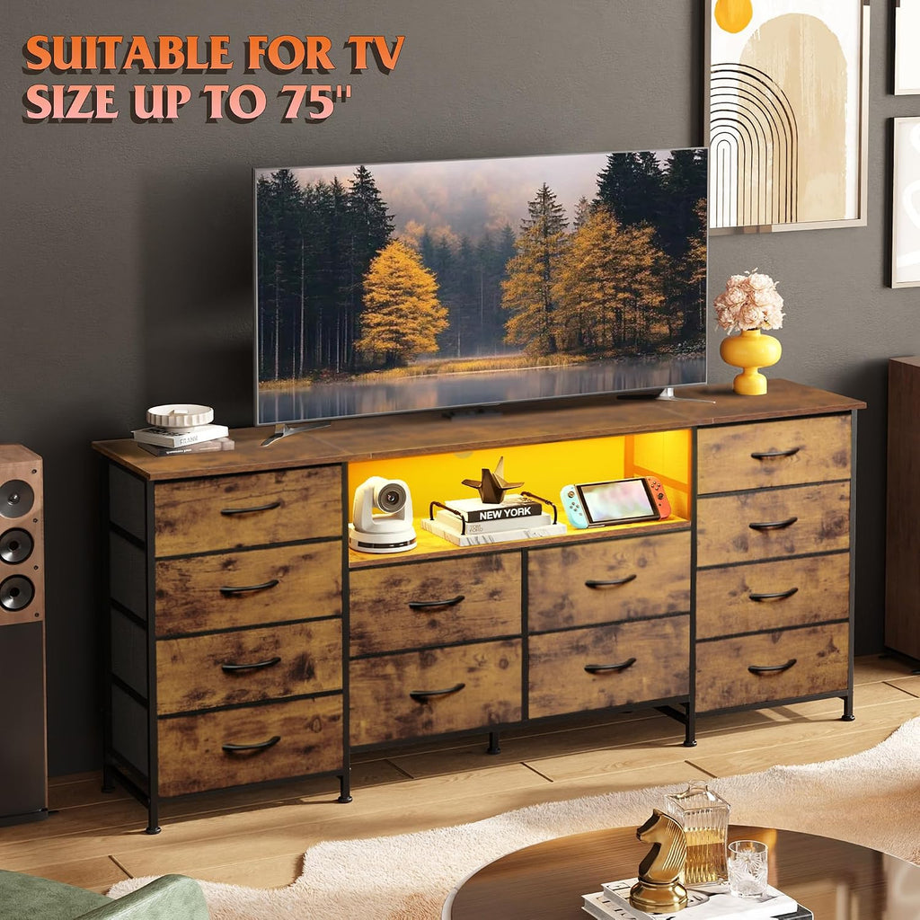 WLIVE 12 Drawer Dresser for Bedroom, Dresser TV Stand for 65, 70, 75 inch TV with Led Lights & Charging Station, Wide Chest of Drawers with Open Shelves, Fabric Dressers for Living Room, Rustic Brown