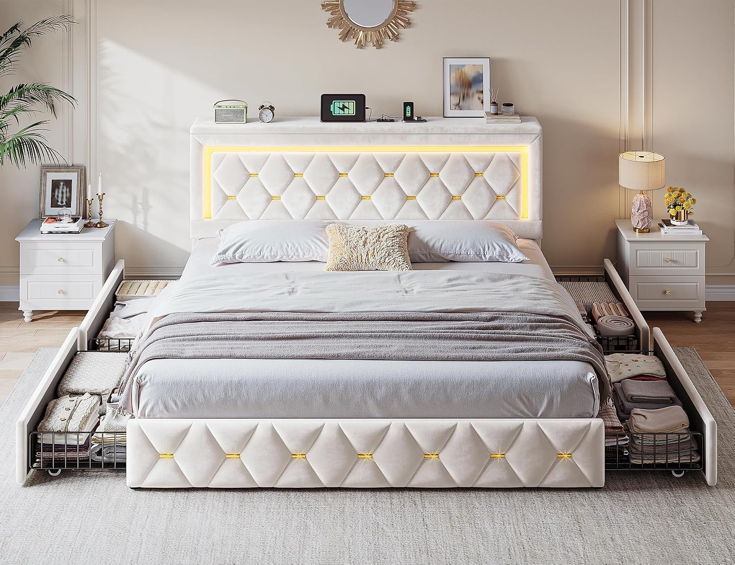 Homkdom Queen Bed Frame with 4 Storage Drawers & Adjustable Tall Headboard,Soft Velvet Bed Frame Queen Size with Smart LED Lights & Charging Station,1100LB-Heavy Duty Metal Support, Modern,Beige