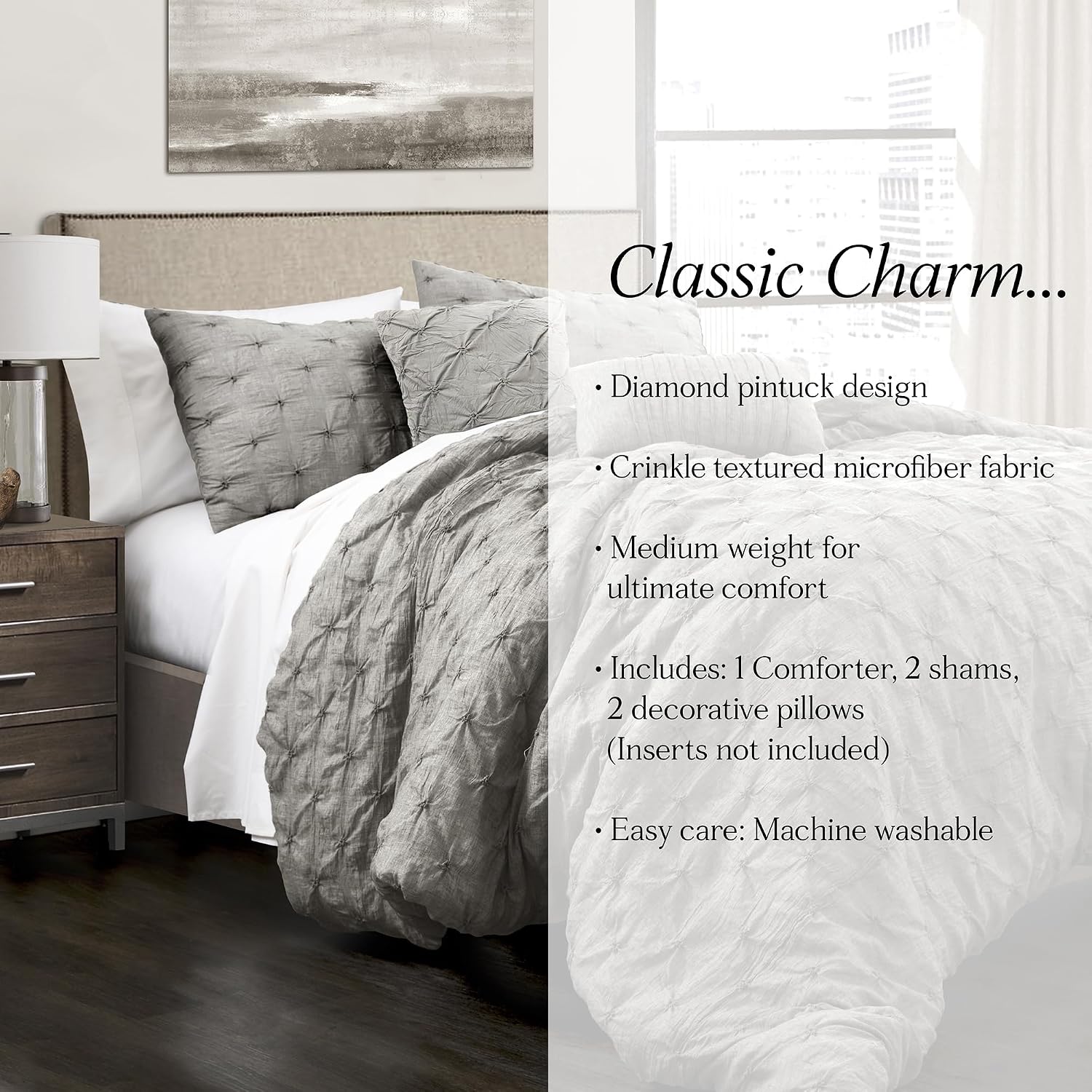 Lush Decor Ravello Pintuck Comforter Set - Luxe 5 Piece Textured Bedding Set - Traditional Glam & Farmhouse Inspired Bedroom Decor - King, Gray