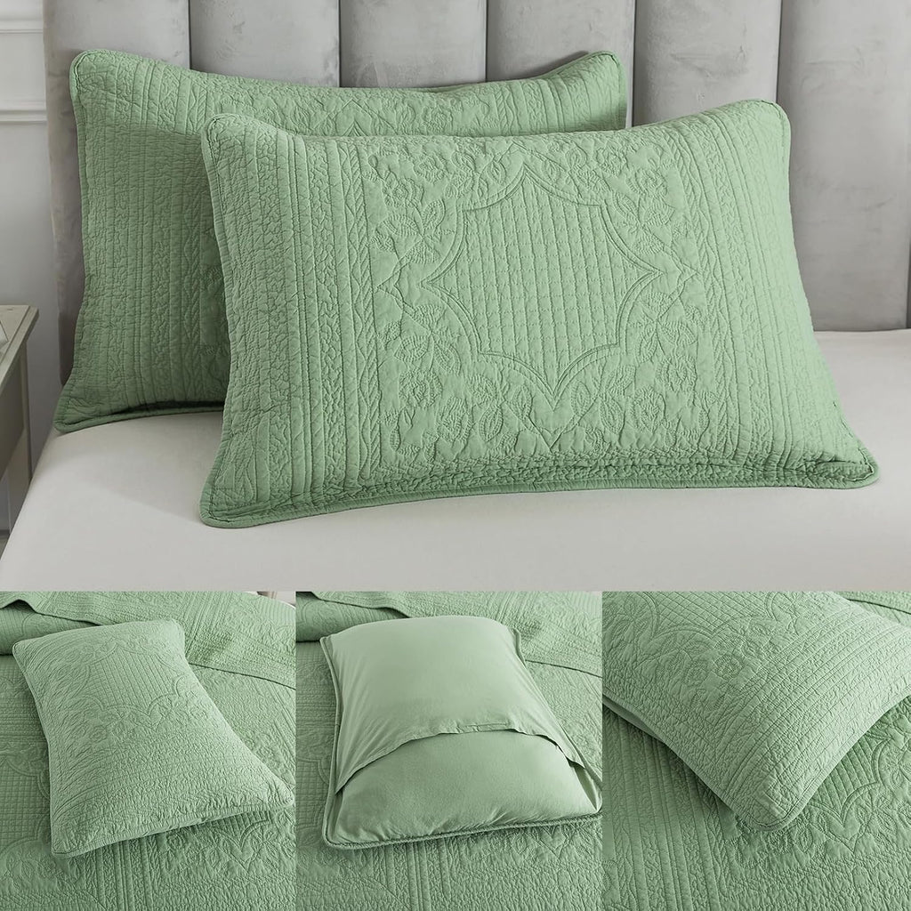 Brandream Queen Size Quilt Set Cotton Sage Green Quilts Cottage Core Bedding Matelasse Coverlet Set 3-Piece