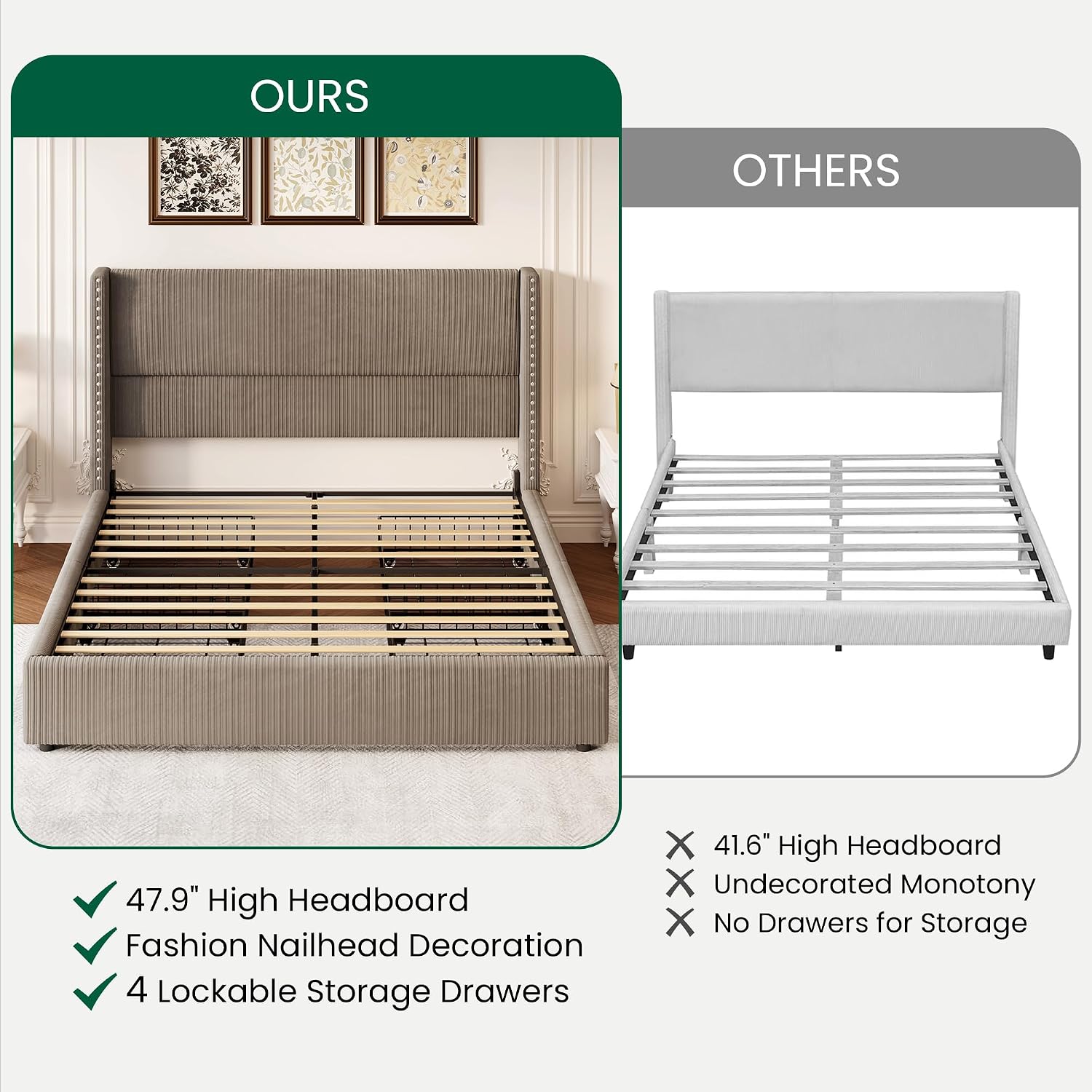 LARMACE Queen Size Bed Frame with 4 Storage Drawers Queen Bed Frame with Headboard Upholstered Corduroy Platform Bed with Vertical Stripe,Solid Wood Leg/No Box Spring Needed/Noise Free,Brown