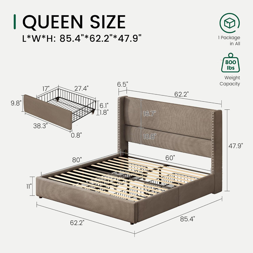 LARMACE Queen Size Bed Frame with 4 Storage Drawers Queen Bed Frame with Headboard Upholstered Corduroy Platform Bed with Vertical Stripe,Solid Wood Leg/No Box Spring Needed/Noise Free,Brown