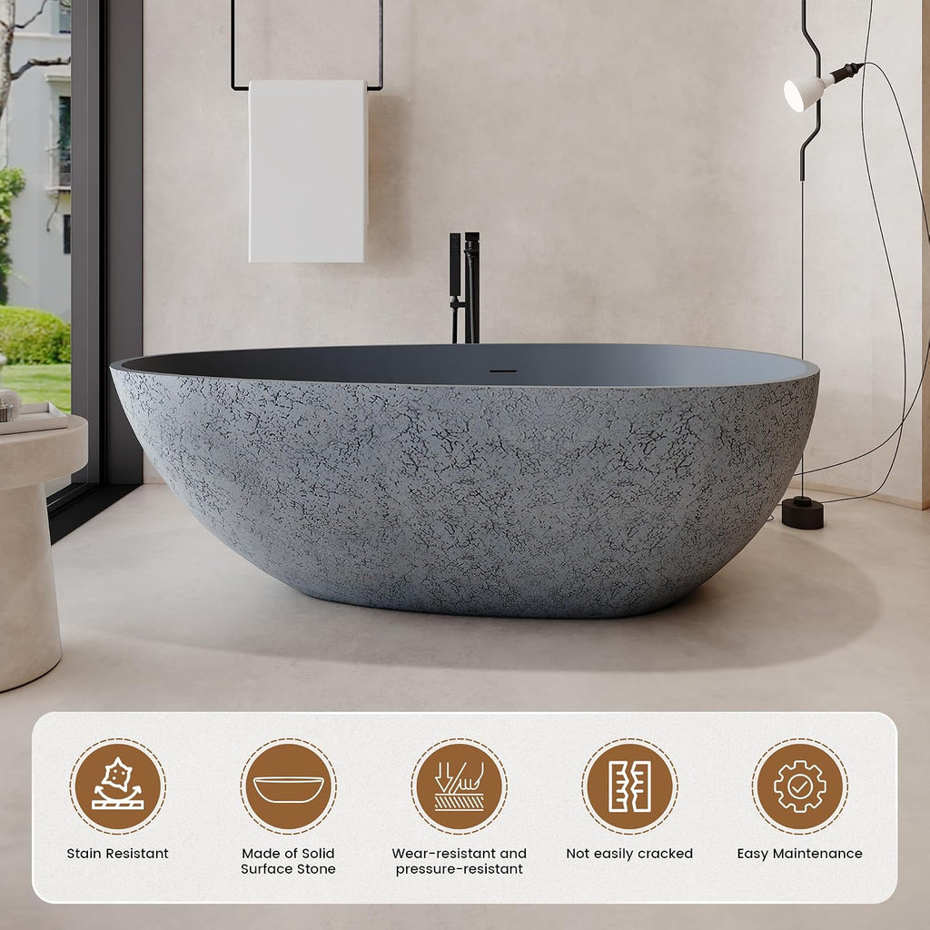 67 Inch Solid Surface Free Standing Tub Oval Stone Resin Soaking Tub Featuring Unique Style of Cement Color, 14.37 Inches Soaking Depth, 75.82 Gallons Water Capacity