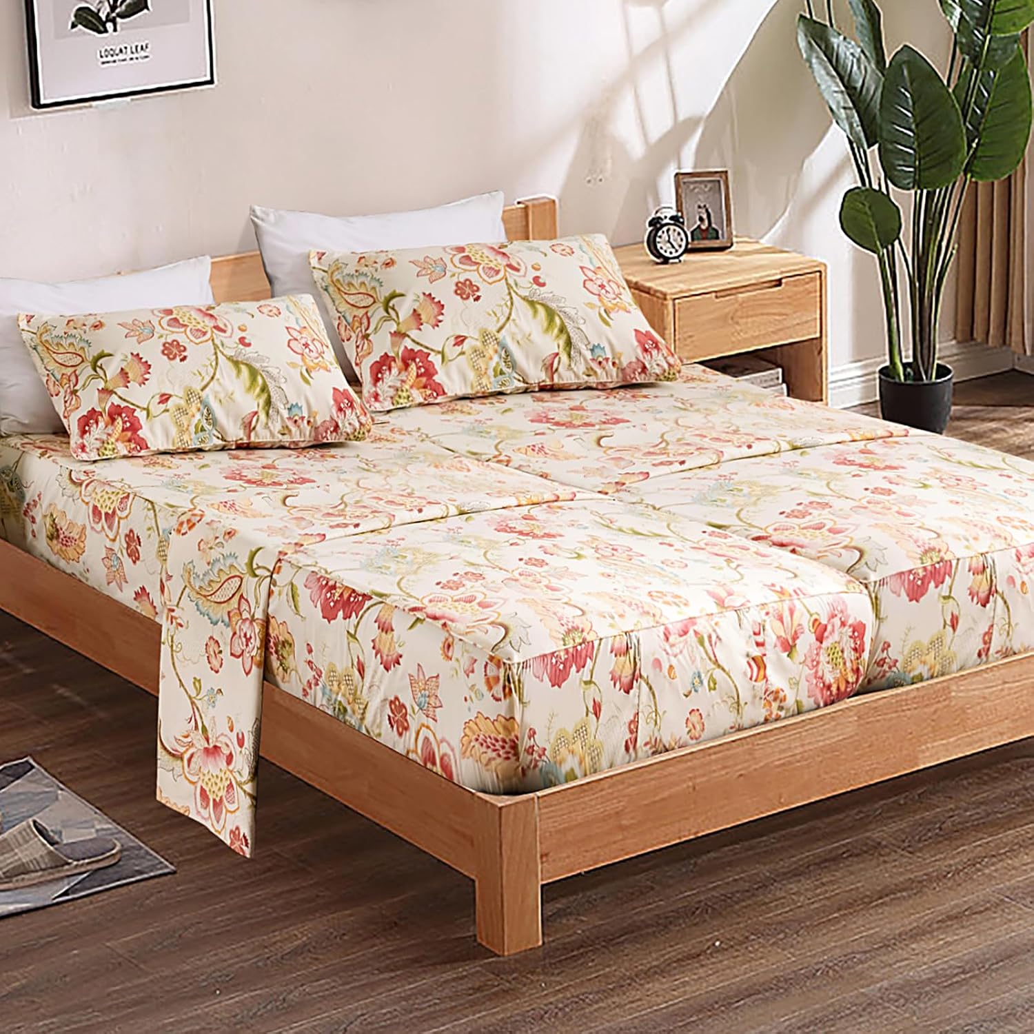 QSH 100% Egyptian Cotton Floral Sheets for Split King Size Bed, Red Yellow Flowers Plant Pattern Botanical Printed Bedding Deep Pockets 17' Soft and Breathable 4pcs