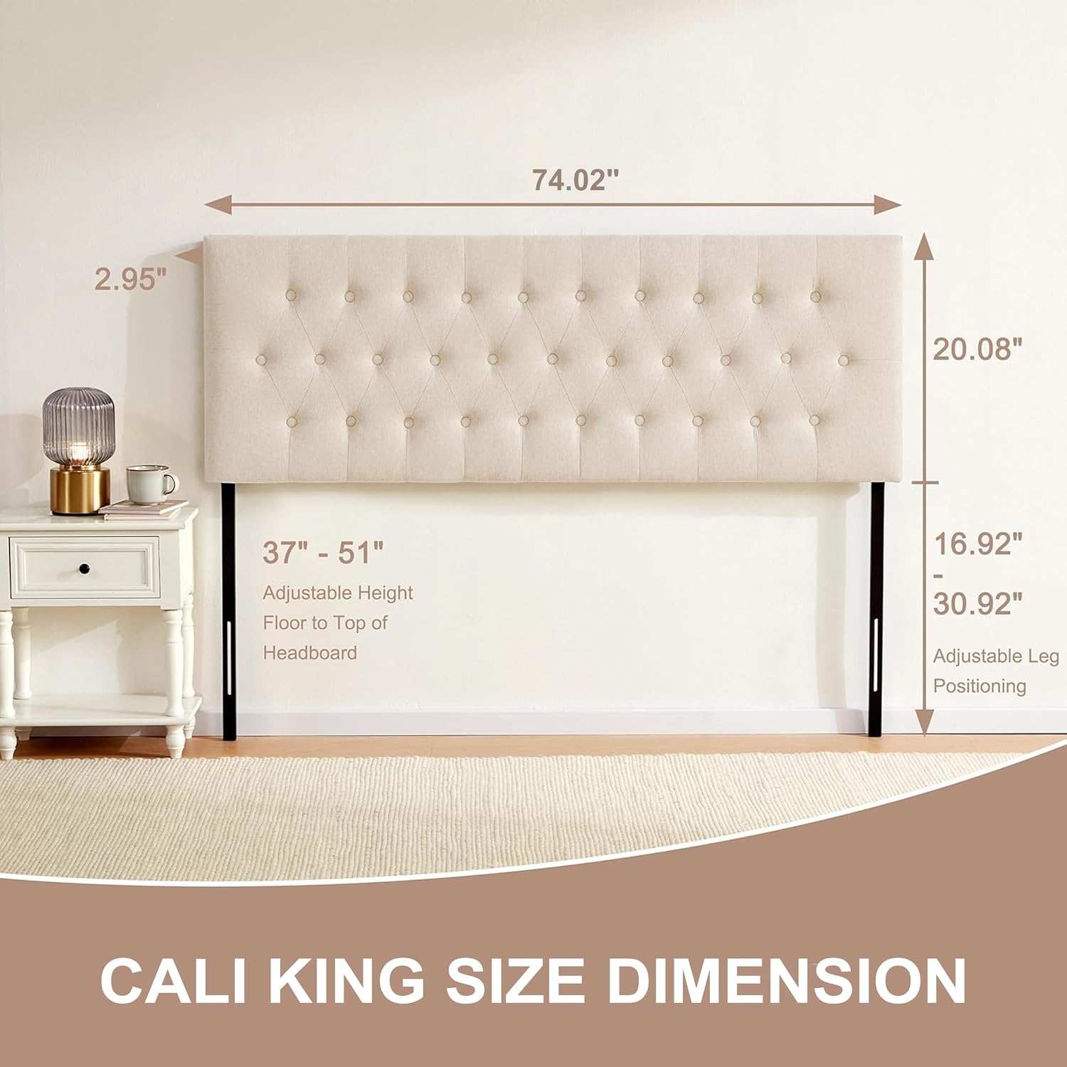 Huatean Home Tufted Upholstered Headboard California King Size, Solid Wood Head Board with Durable Metal Legs, Adjustable Height Bed headboard from 37' to 51' Fabric Headboard in Button Design, Beige