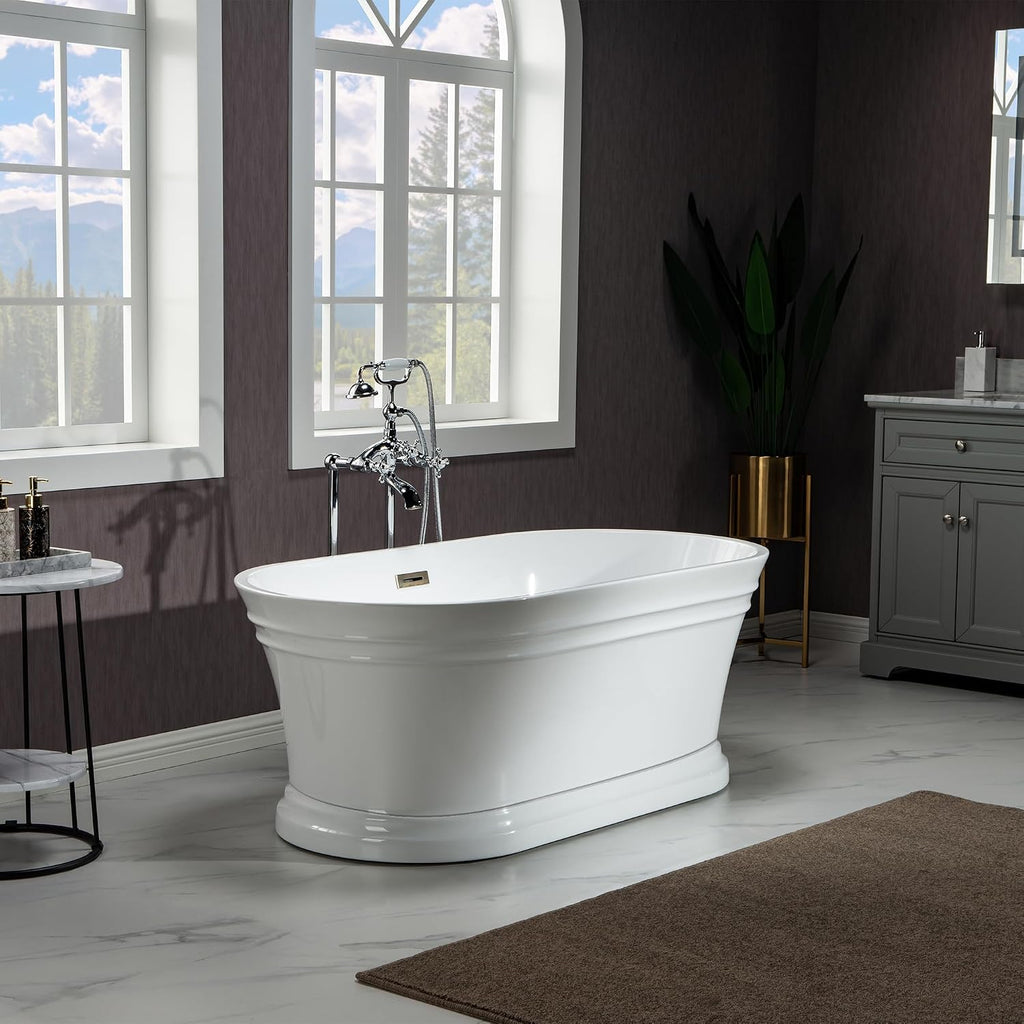 WOODBRIDGE 59 in. Freestanding Double Ended Acrylic Soaking Bathtub with Brushed Nickel Drain and Overflow, BTA1536-BN