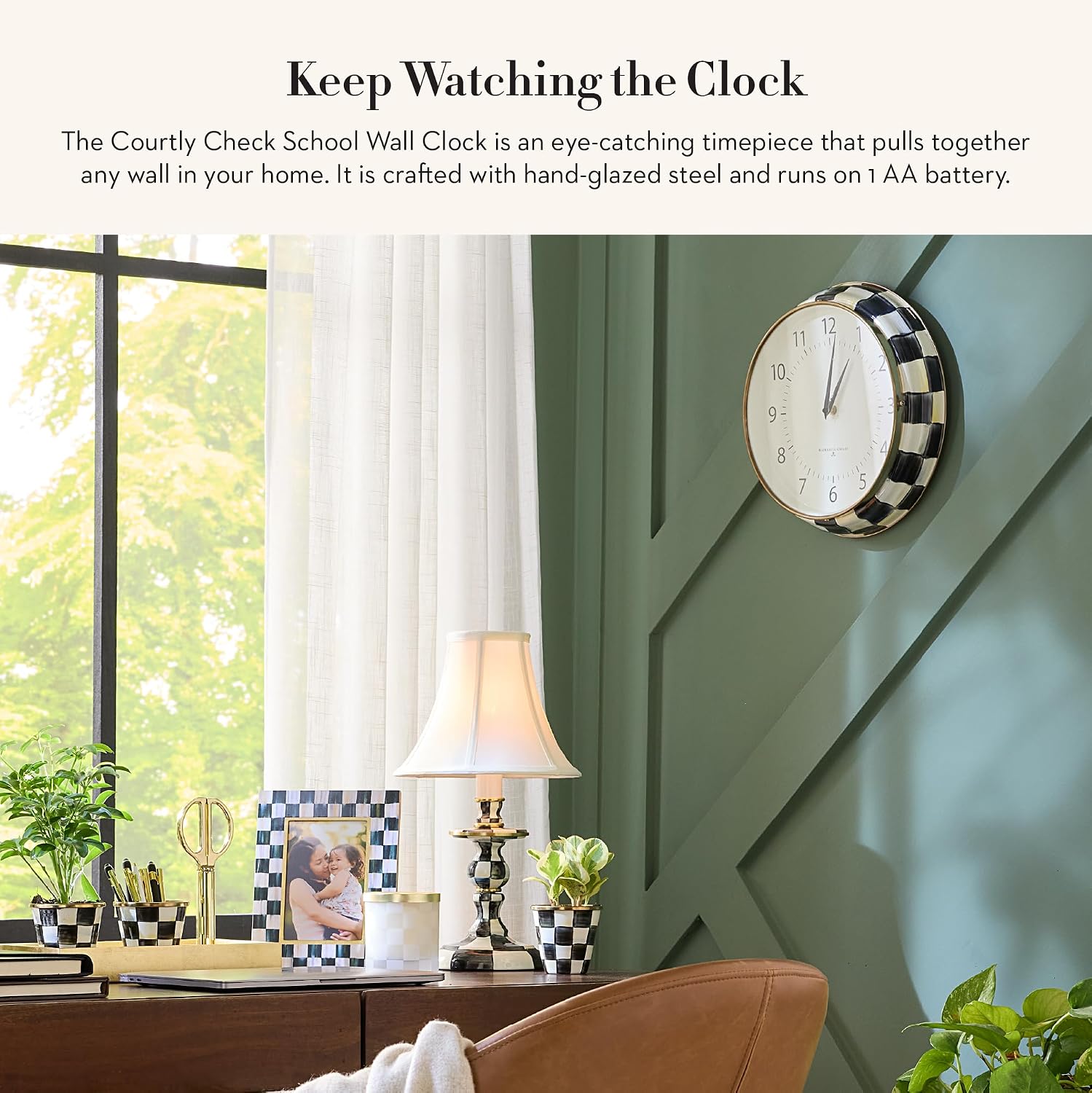 MACKENZIE-CHILDS Wall Clock, Decorative Clock for Kitchen and Living Room, Black-and-White Courtly Check