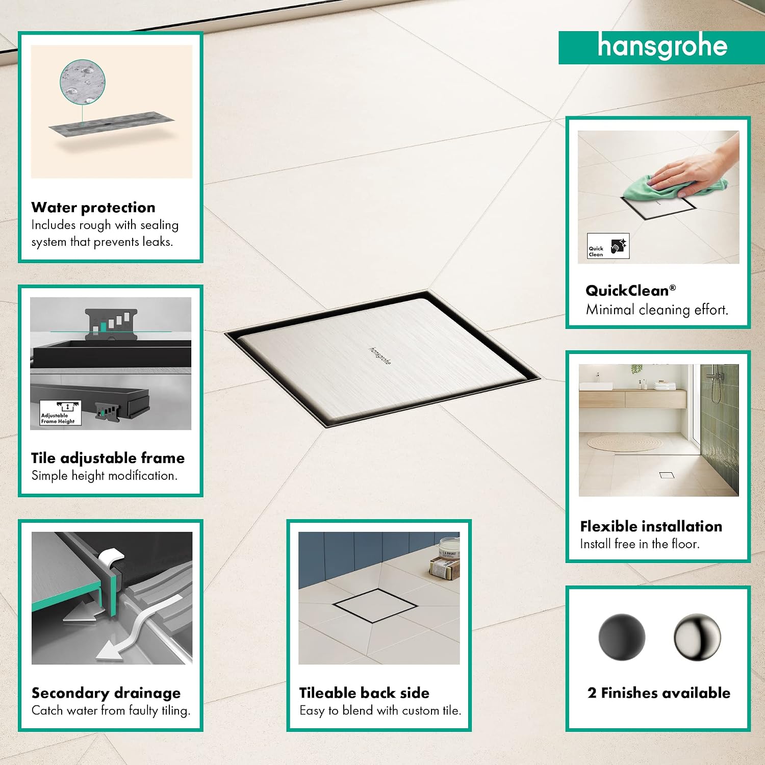 hansgrohe RainDrain Brilliance Square Shower Drain Set with Rough and Height Adjustable Frame in Brushed Stainless Steel, Stainless Steel Shower Floor Drain 6x6 in.