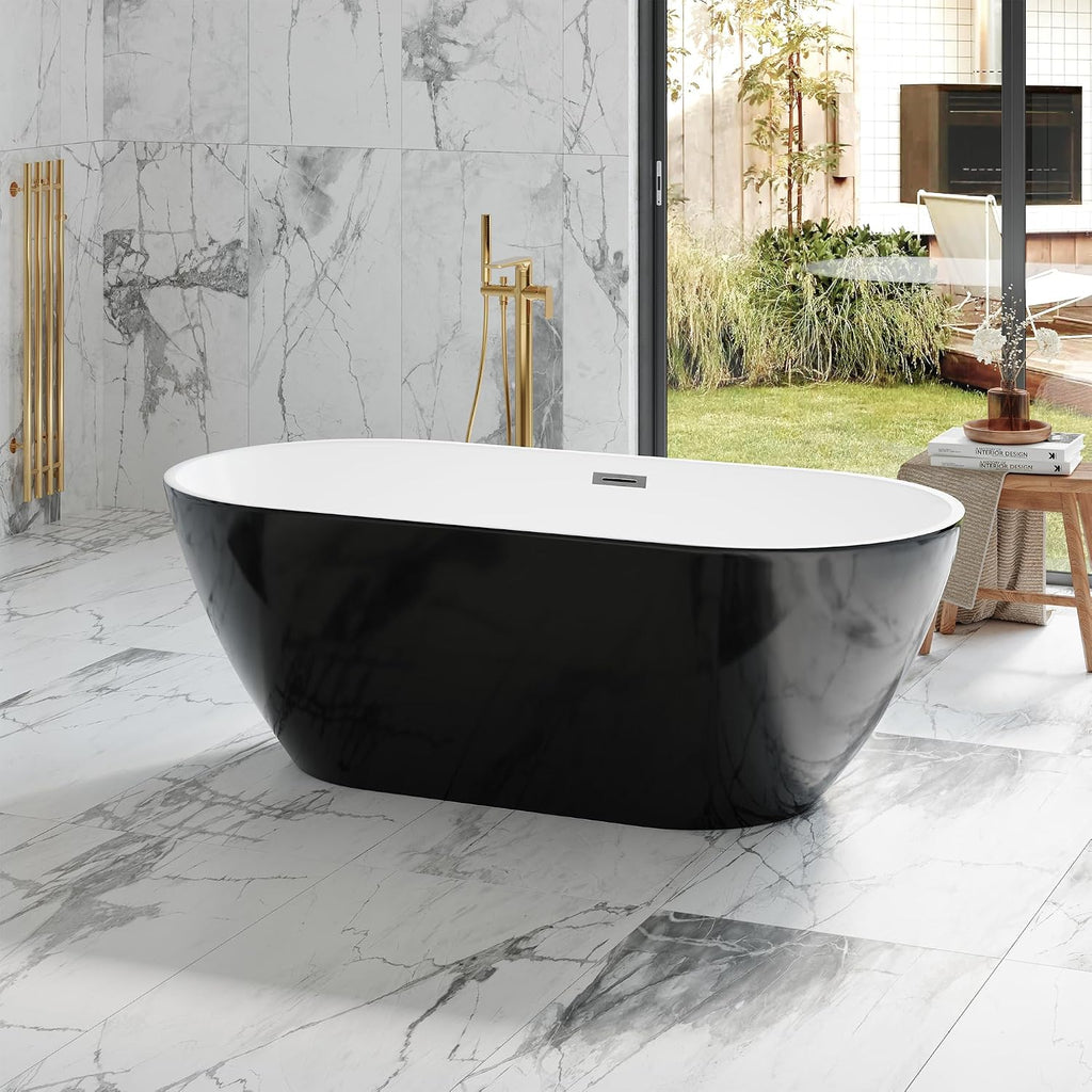 Freestanding Bathtub 59 inch Black and White Acrylic Tub, Compact Soaking Bath for Bathroom Upgrade and Comfortable Home Relaxation