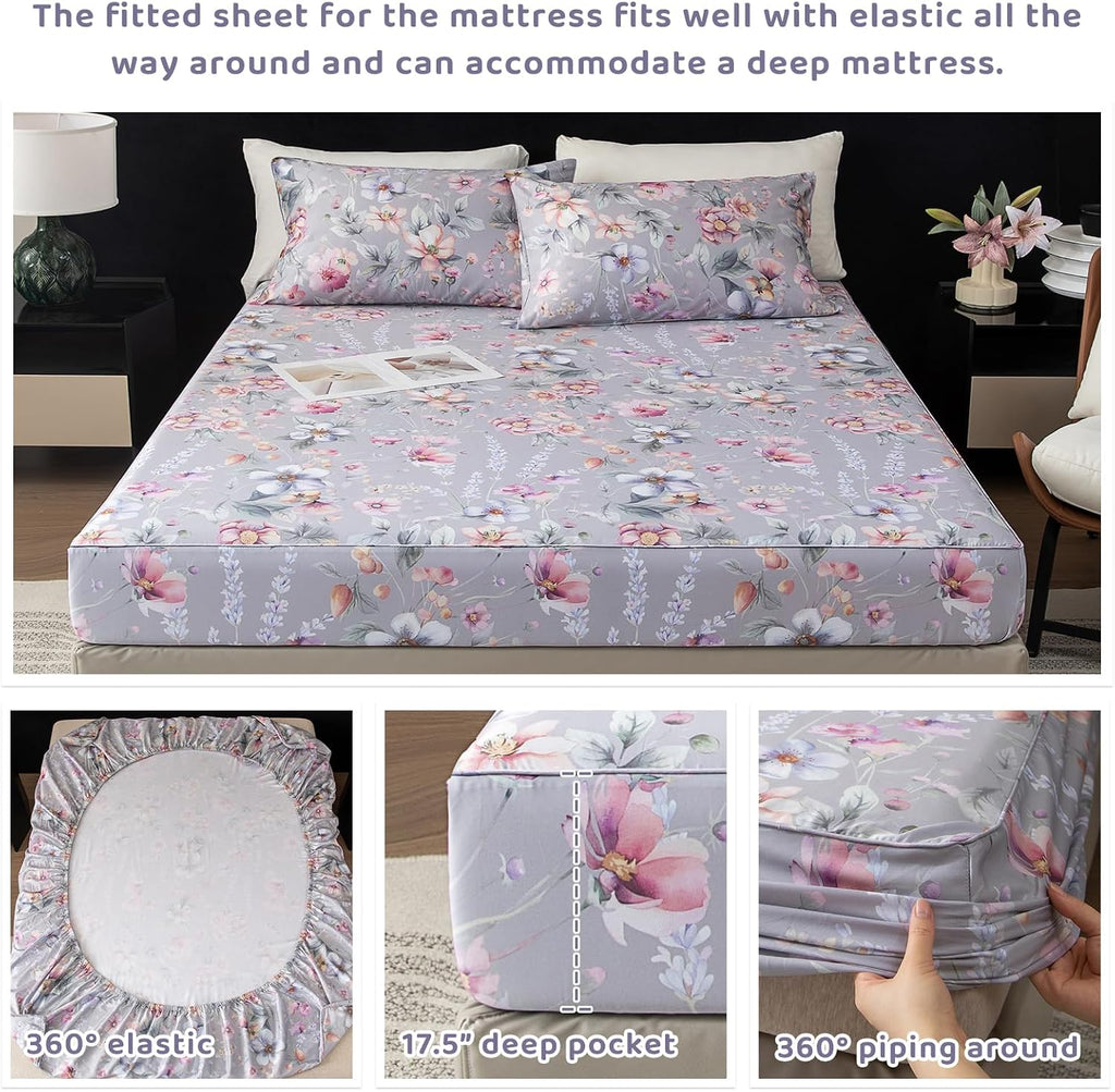 QSH Gray Floral Sheets Queen Size，Egyptian Cotton Sheets Queen Size Set Luxury Silk Feel Flowers Botanical Pattern Printed Bedding Sheet Extra Soft and Breathable 17.5' Deep Pockets Bed Sheet 4pcs