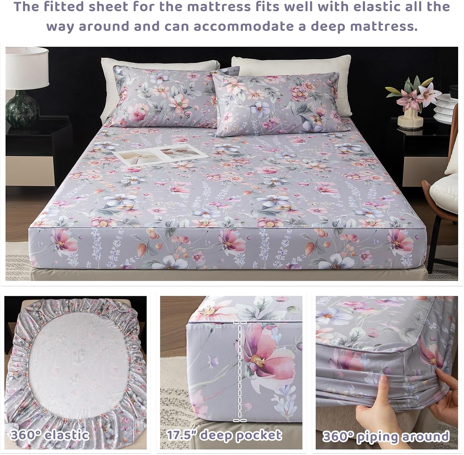 QSH Gray Floral Sheets Queen Size，Egyptian Cotton Sheets Queen Size Set Luxury Silk Feel Flowers Botanical Pattern Printed Bedding Sheet Extra Soft and Breathable 17.5' Deep Pockets Bed Sheet 4pcs