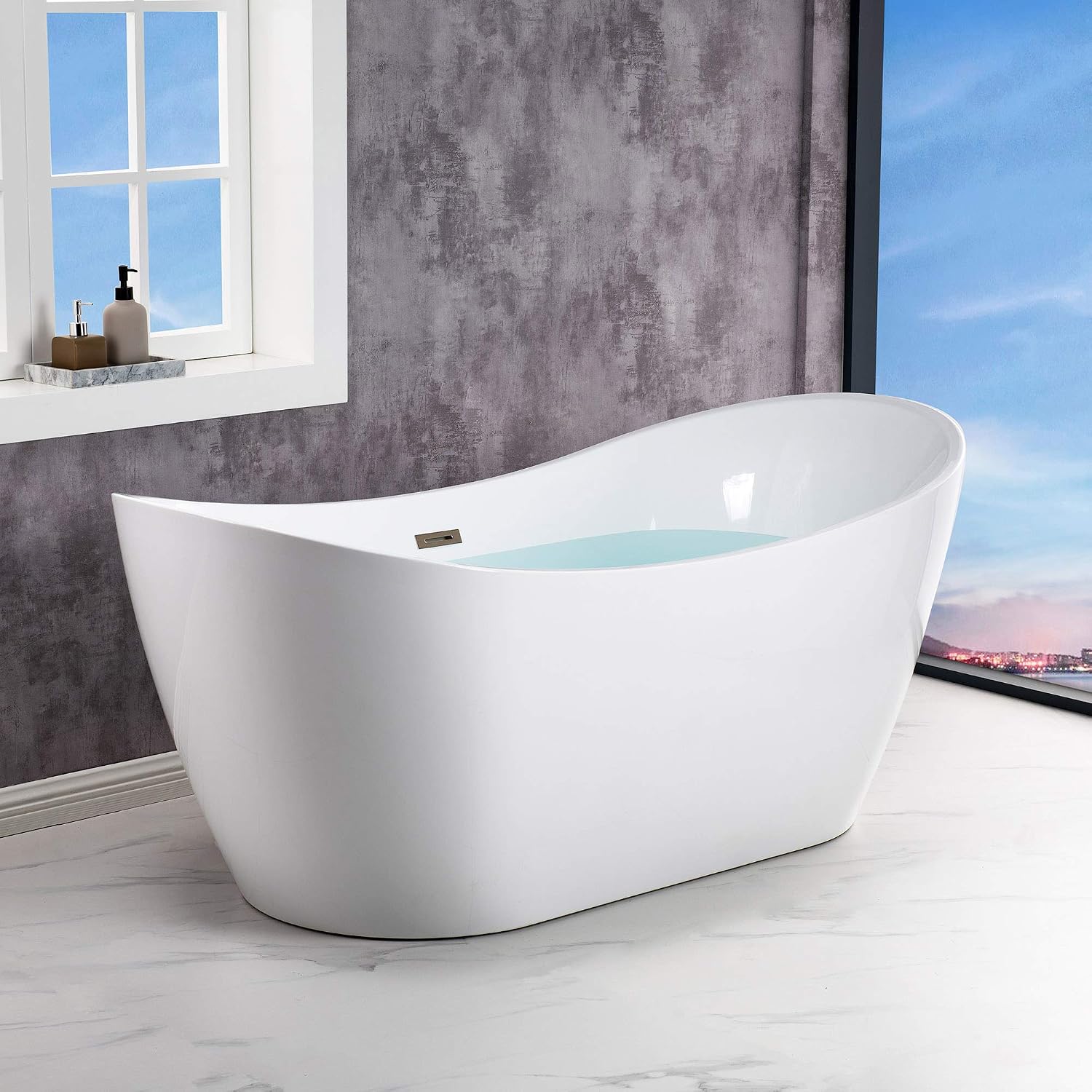 WOODBRIDGE 67 ' Freestanding White Acylic Soaking Bathtub with Brushed Nickel Drain and Overflow,BTA1515 -BN-Drain &O