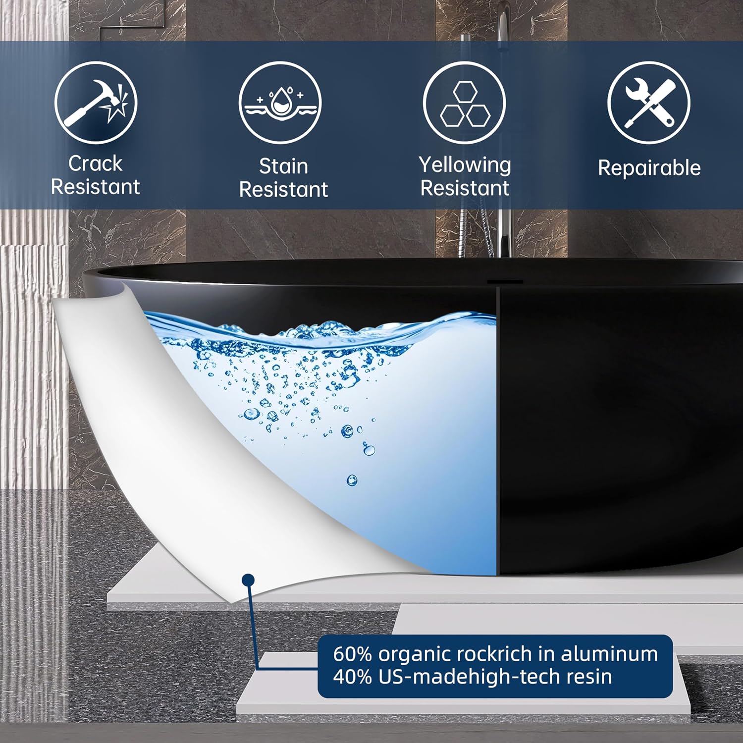 67' Stone Resin Freestanding Bathtub, Oval Solid Surface Bathroom Freestanding Tubs,Stand Alone Soaking Tub with Drain & Integrated Slotted Overflow Matte black AM301-1700
