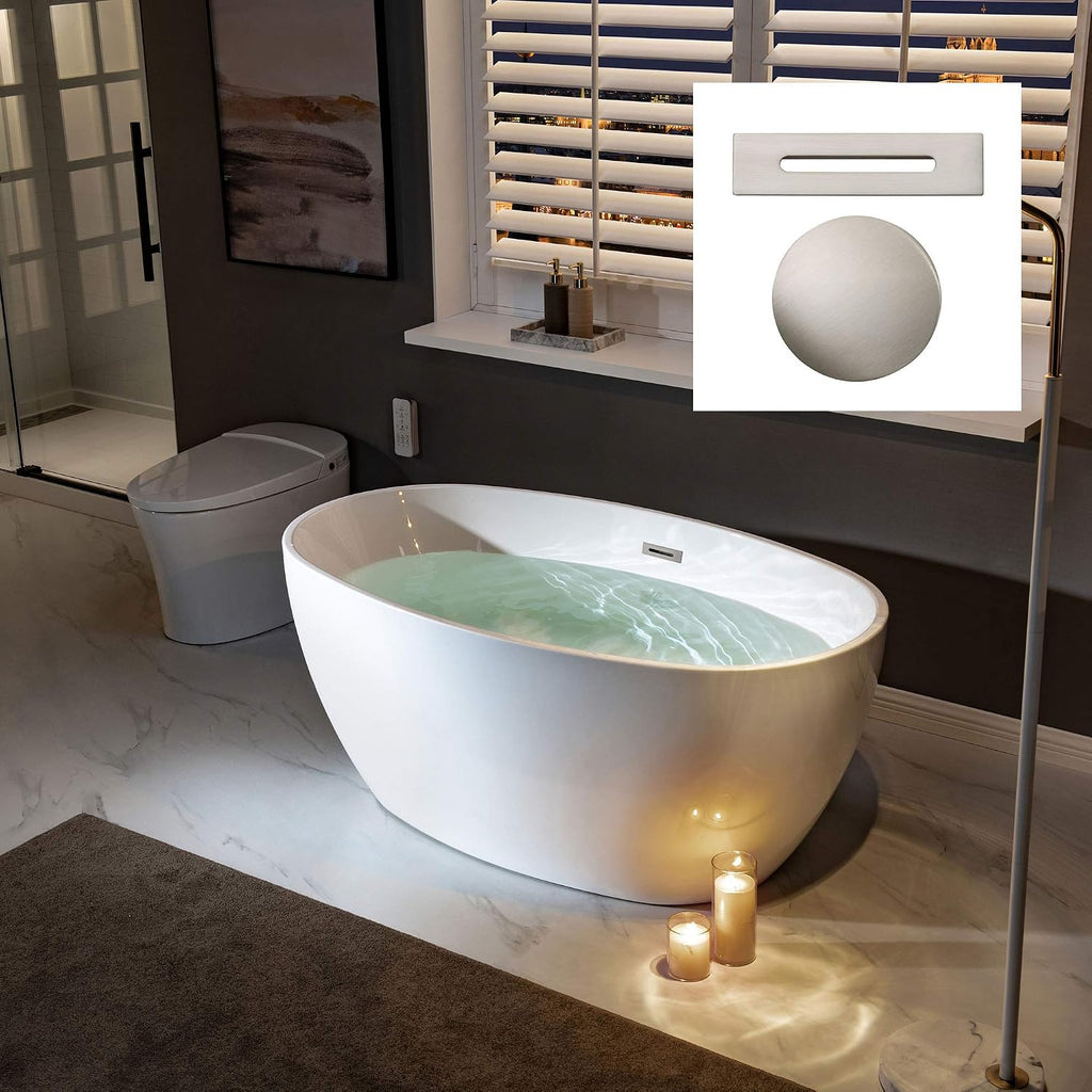 WOODBRIDGE 55' Acrylic Freestanding Bathtub Contemporary Soaking White Tub with Brushed Nickel Overflow and Drain,BTA1418 -B/N-Drain &O