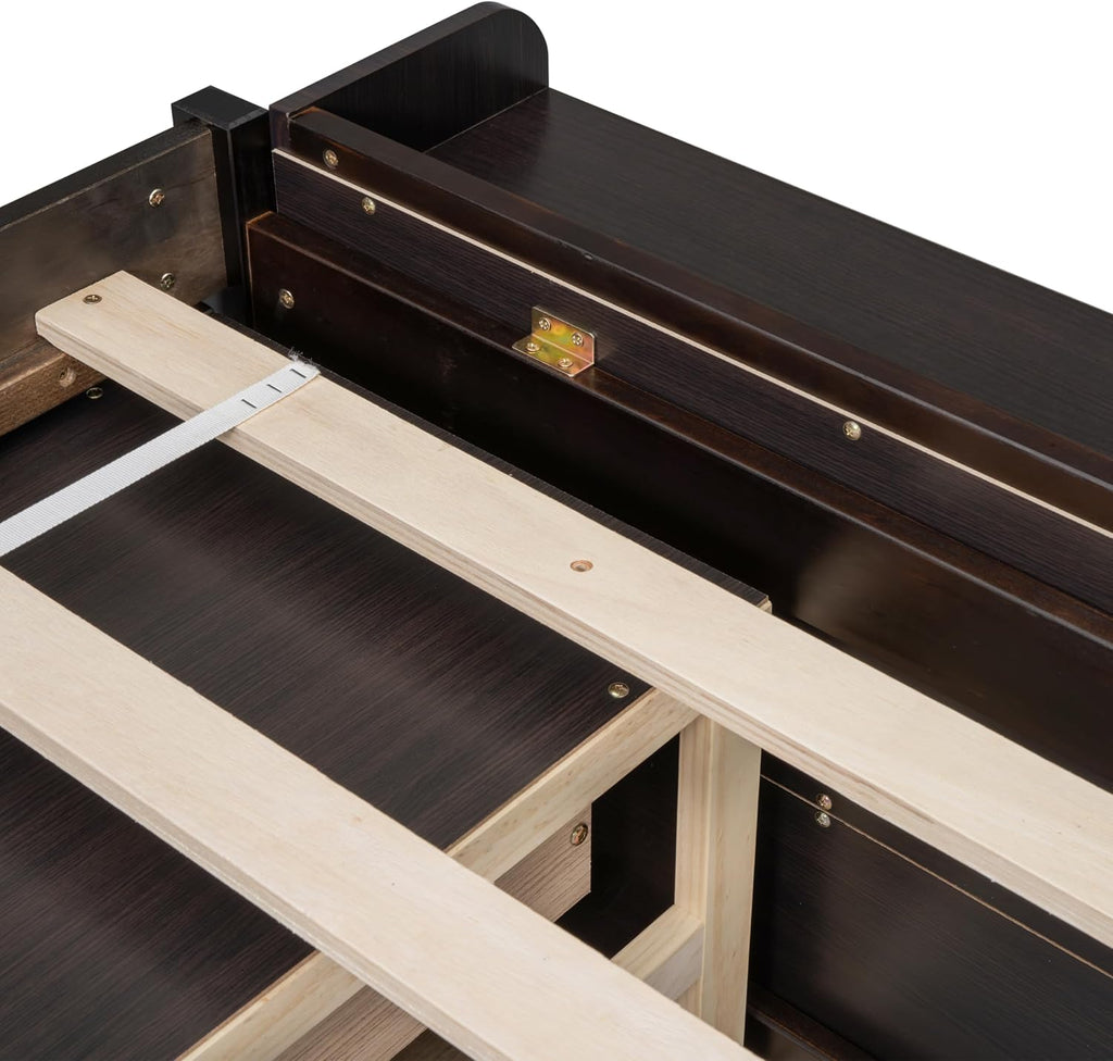 Modern Full Size Platform Bed with Bookcase Storage Headboard, Wood Captain Platform Bed Frame with 6 Drawers and Bed End Storage Case, Sturdy Slat Support, Maximize Space (Espresso-I4)