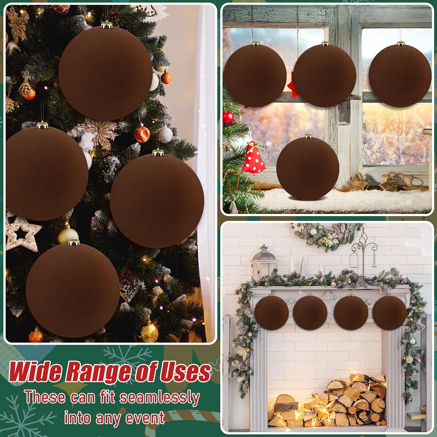 Hollowfly 12 Pcs 8 Inch Extra Large Velvet Christmas Balls Oversized Huge Big Christmas Tree Ornaments Balls for Family Holiday Xmas Tree Hanging (Brown)