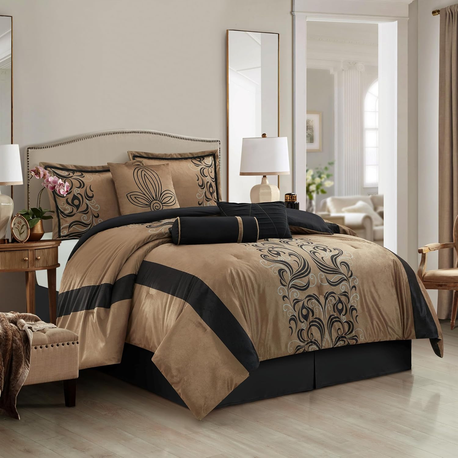 Grand Avenue Brown Floacking & Taffeta Comforter Set Full Size, 7 Pieces Bedding Set, All Season Cozy Comforter, Bedskirt, Pillows & Shams
