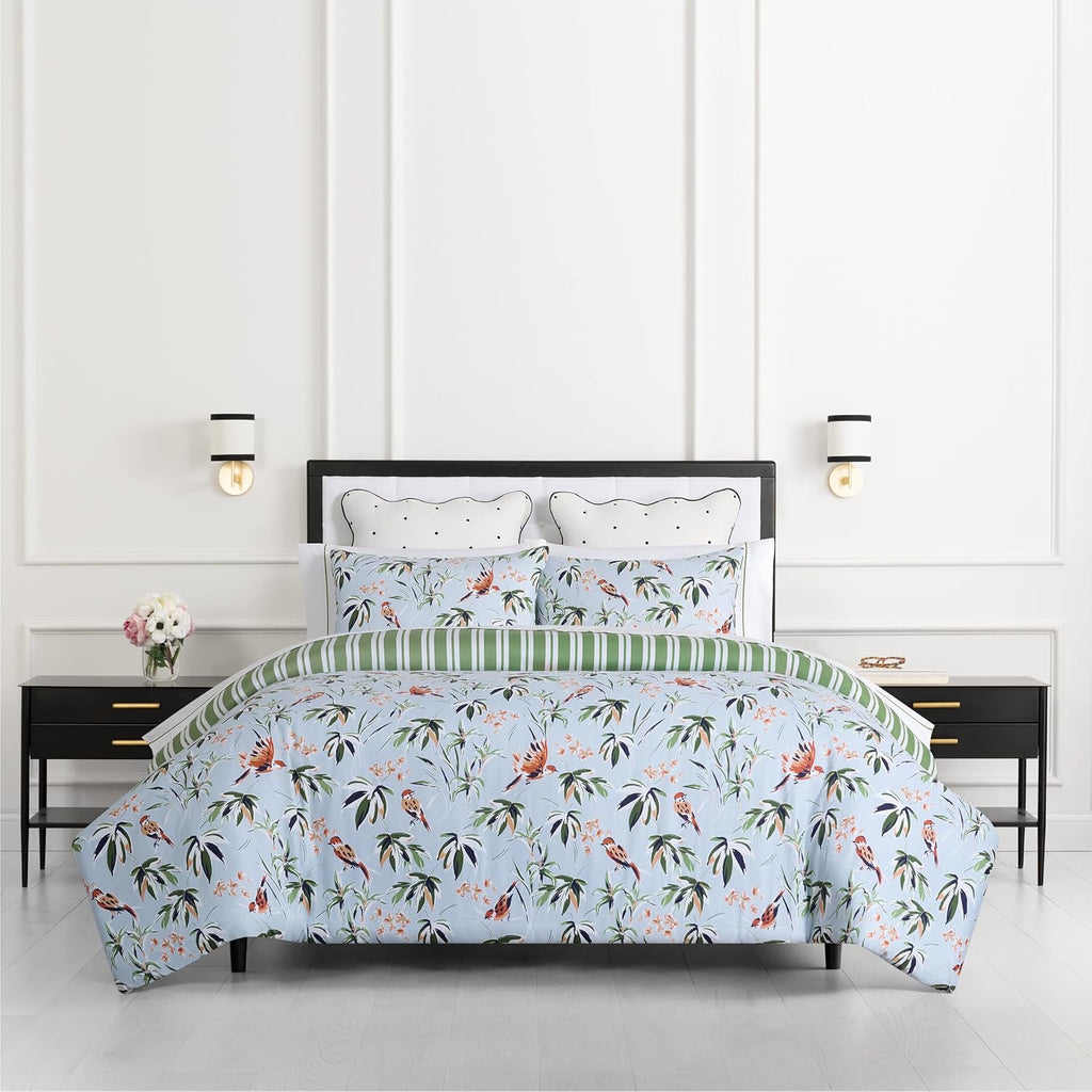 kate spade new york Bird Garden Full/Queen Comforter Set, 300 Thread Count Cotton Reversible Cover, All Season 3 Piece Bedding, Machine Washable, Floral Multicolor