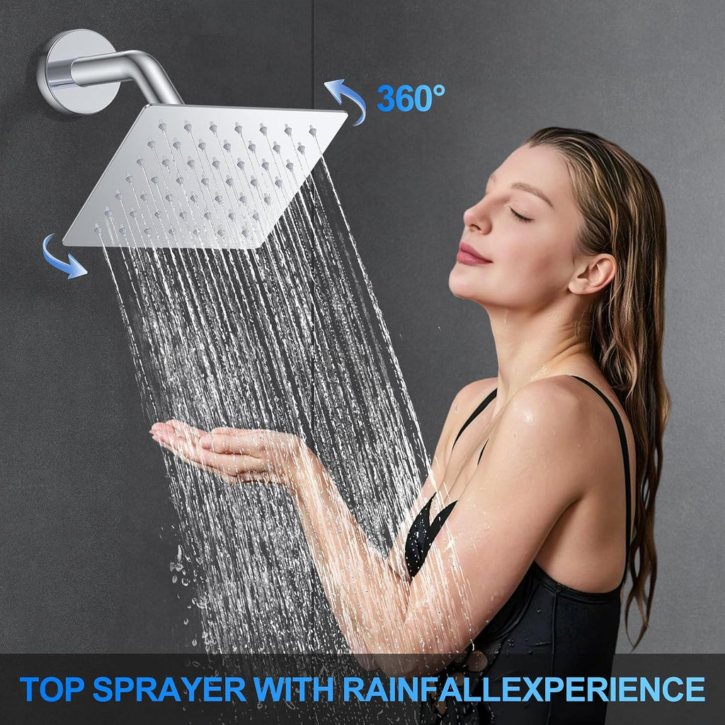 Shower Faucet Set, 12' Ceiling Mount Rainfall Shower System with 2 Rain Shower Head and Multi-function Handheld Head Push Button Diverter Shower Faucet Trim Kit (12', Polished Chrome)