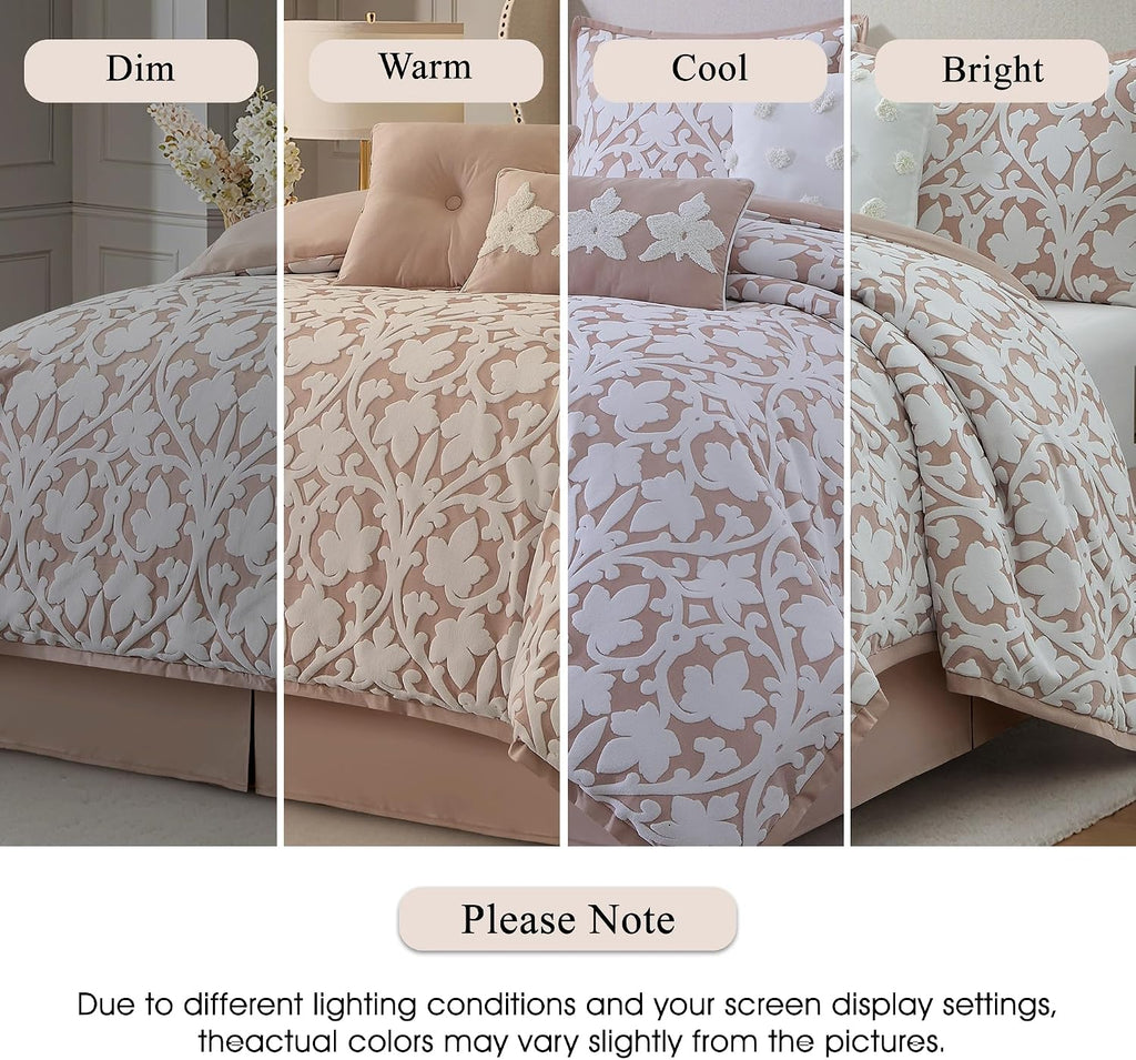 Stratford Park Floral Leaves Comforter Set, Blush California King Size Bedding, 7 Piece Jacquard Bedding Set, All Season, Matching Pillows, Shams, Bed Skirt