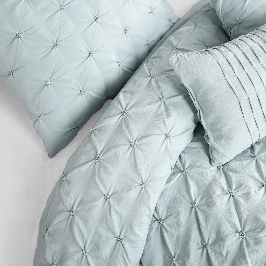 Lush Decor Ravello Pintuck Comforter Set - Luxe 5 Piece Textured Bedding Set - Traditional Glam & Farmhouse Inspired Bedroom Decor - Full/ Queen, Blue