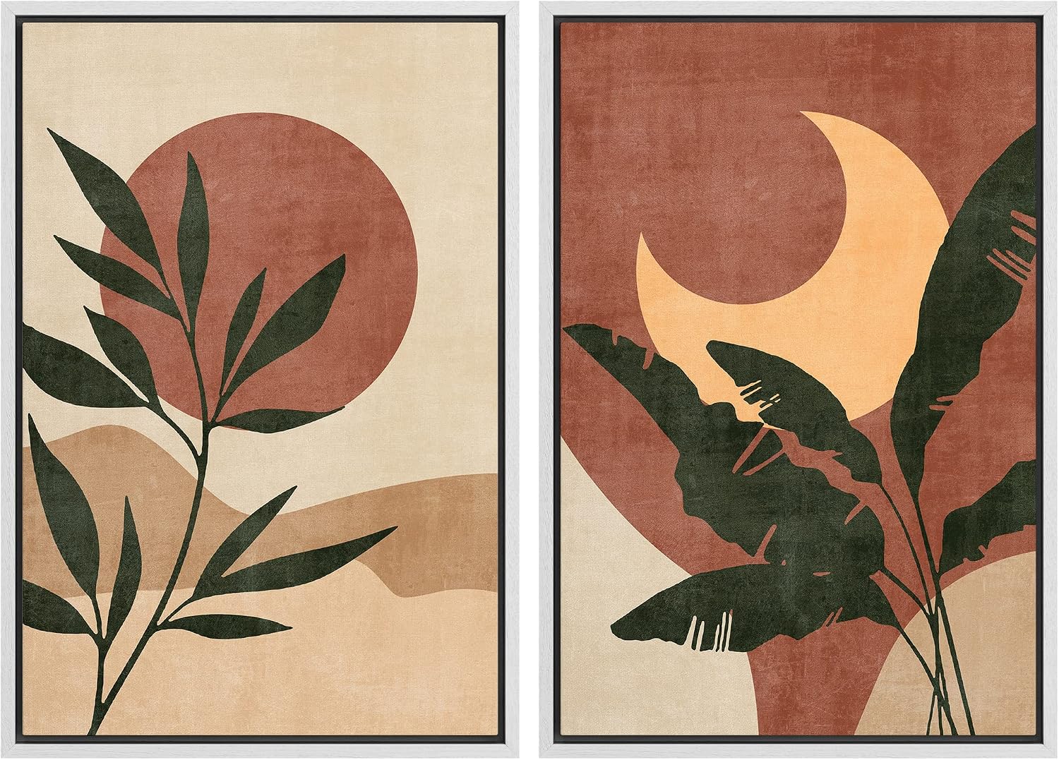 SIGNFORD Framed Canvas Print Wall Art Set Sun & Moon Mid-Century Desert Plants Abstract Shapes Illustration Modern Art Decorative Nordic Nature for Living Room, Bedroom, Office - 24'x36'x2 White