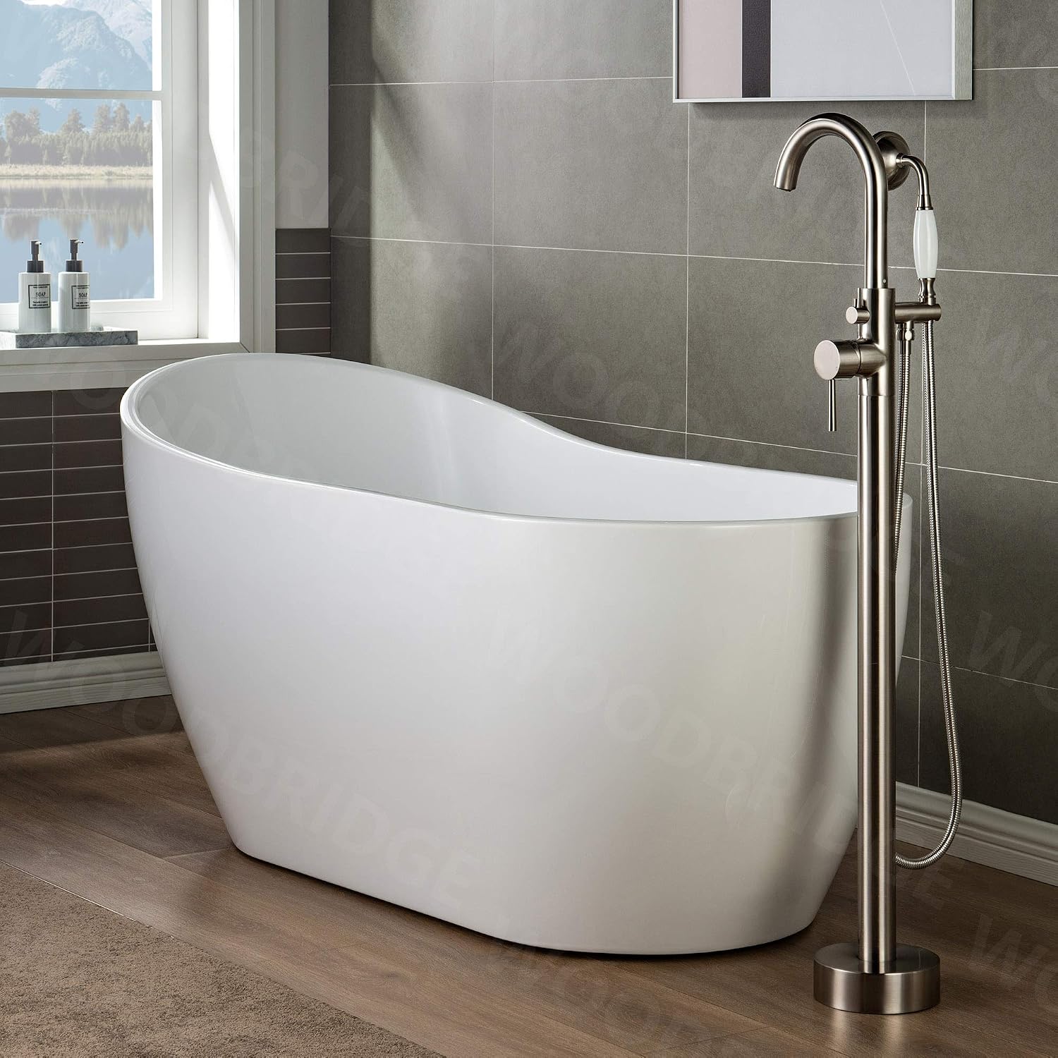 WOODBRIDGE 59' Acrylic Freestanding Bathtub Contemporary Soaking White Tub with Brushed Nickel Overflow and Drain，B-1530 -B/N-Drain &O