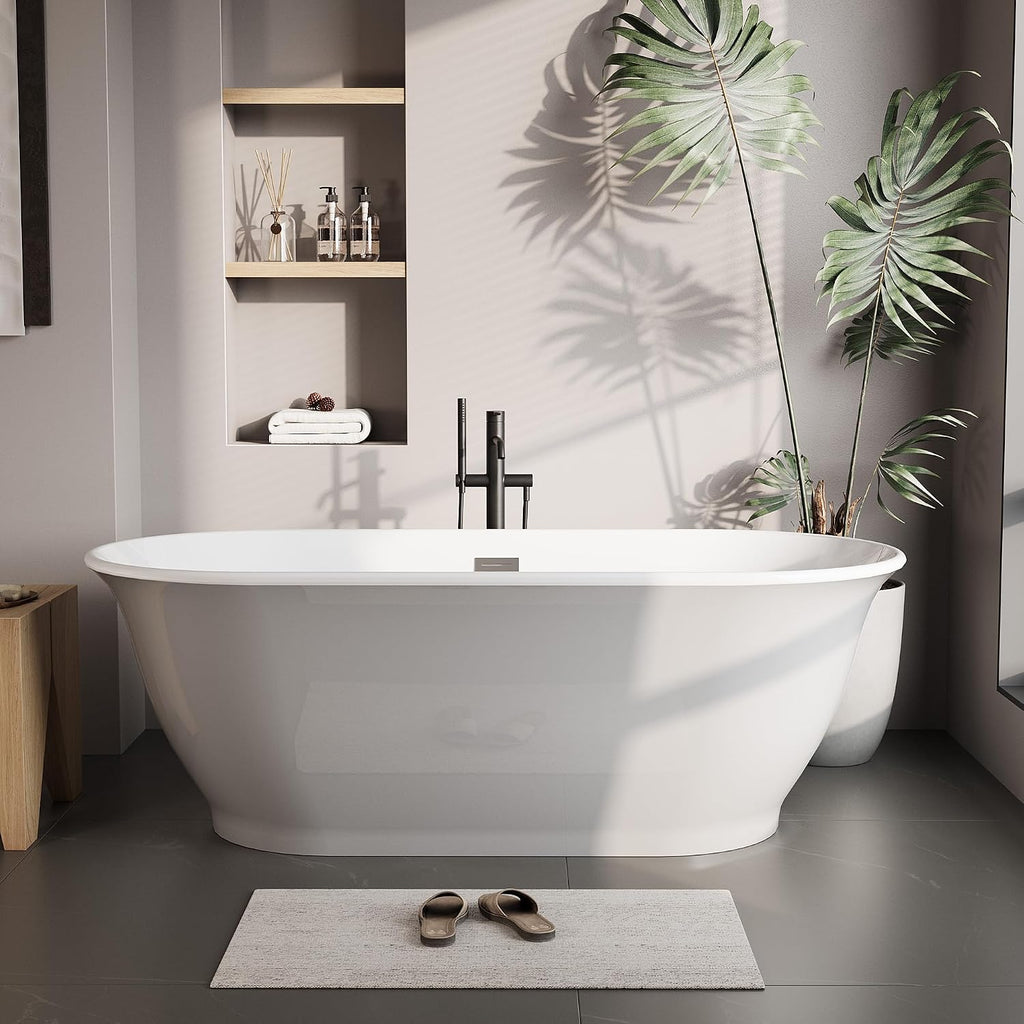 67' Freestanding Acrylic Soaking Bathtub, CUPC Certified Modern Bathtub with Matte Black Drain & Overflow, Glossy White Ergonomic Design for Bathroom