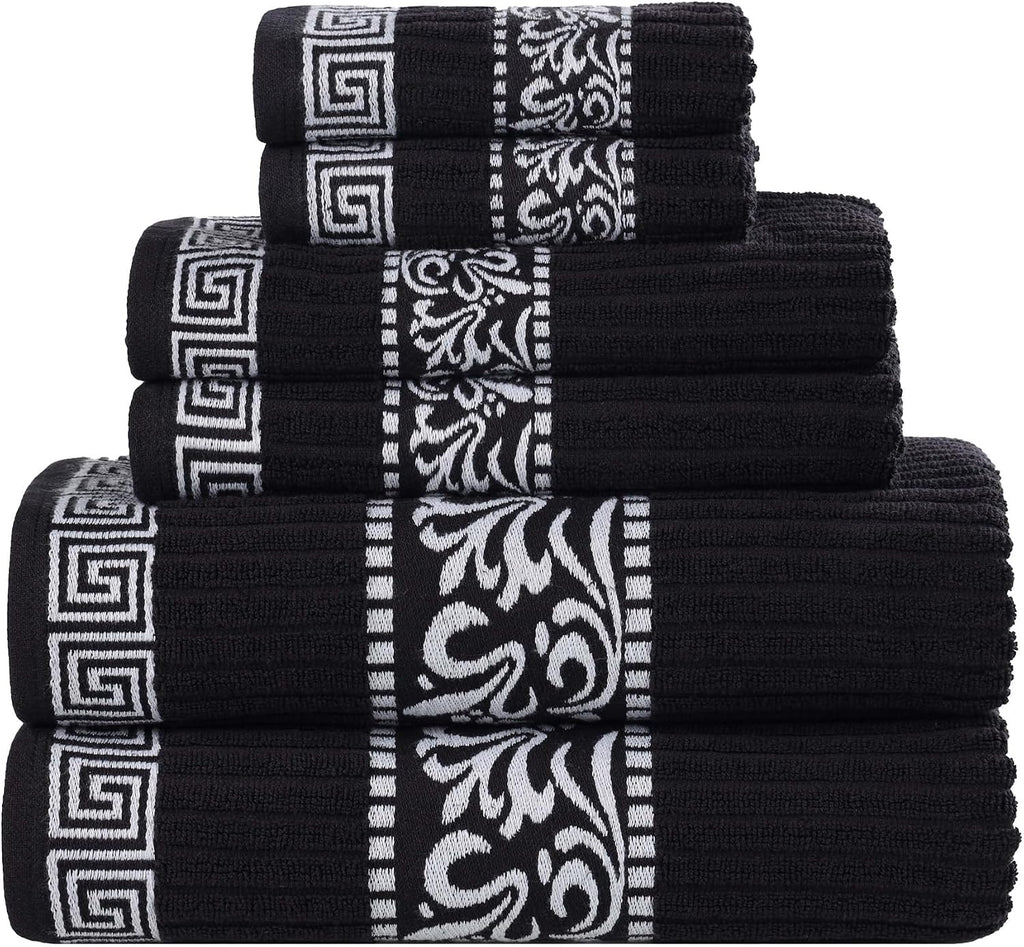 Superior 6-Piece Cotton Towel Set, Decorative Greek Pattern, Home Essentials, Absorbent Towels, Bathroom Decor, Spa, Resort, Includes 2 Hand, 2 Face and 2 Bath Towels, Athens Collection, Black-White