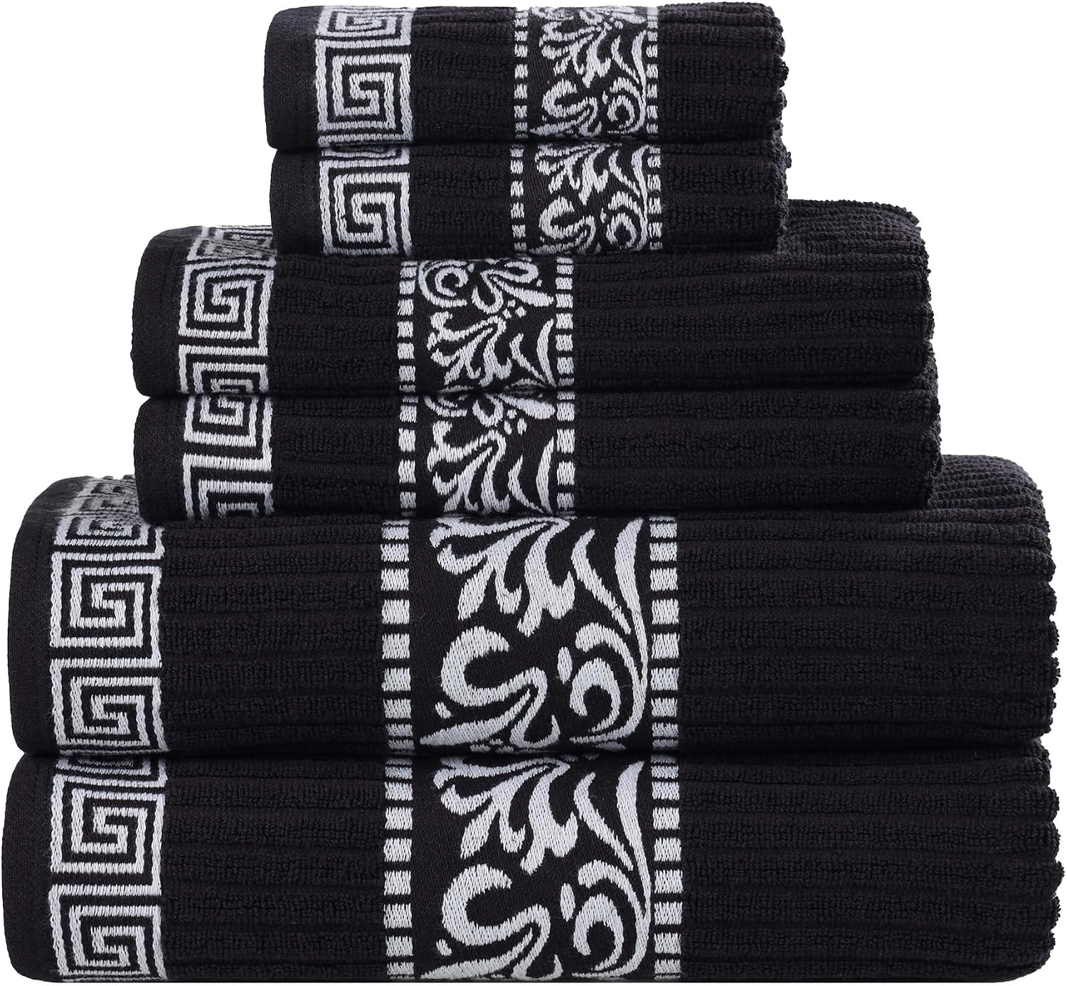 Superior 6-Piece Cotton Towel Set, Decorative Greek Pattern, Home Essentials, Absorbent Towels, Bathroom Decor, Spa, Resort, Includes 2 Hand, 2 Face and 2 Bath Towels, Athens Collection, Black-White