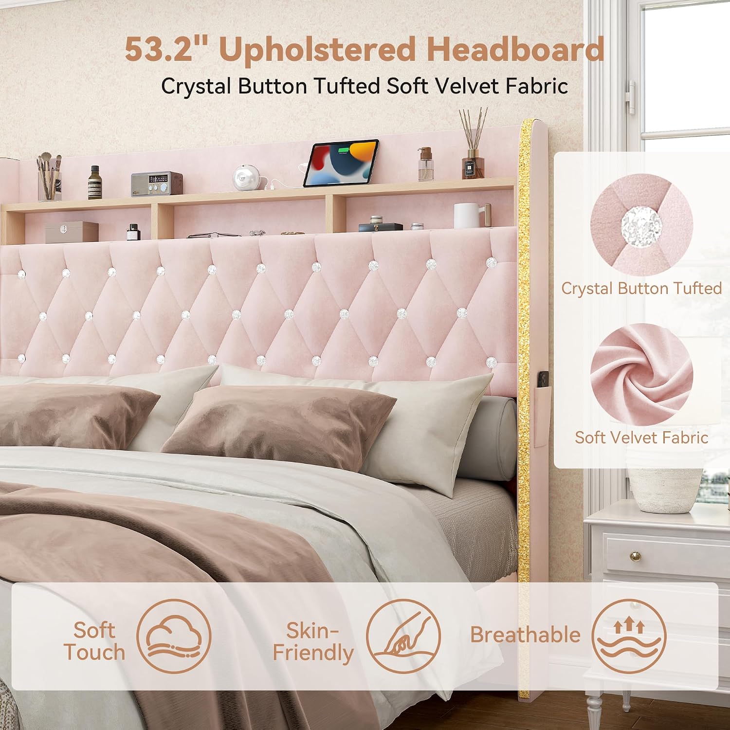 Torana Full LED Bed Frame with 2 Drawers, 53' Tall Platform Beds with Galaxy Star Projector Charging Station, Velvet Upholstered Diamond Tufted Aurora Bedframe with Storage Headboard, Pink