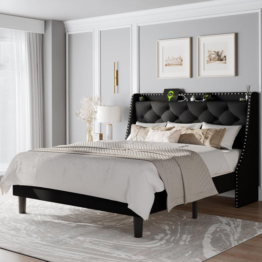 Feonase Queen Bed Frame with Luxury Wingback Upholstered Button Tufted Storage Headboard, Queen Platform Bed with Charging Station, Sturdy Wooden Slats Support, Noise-Free, Easy Assembly, Black
